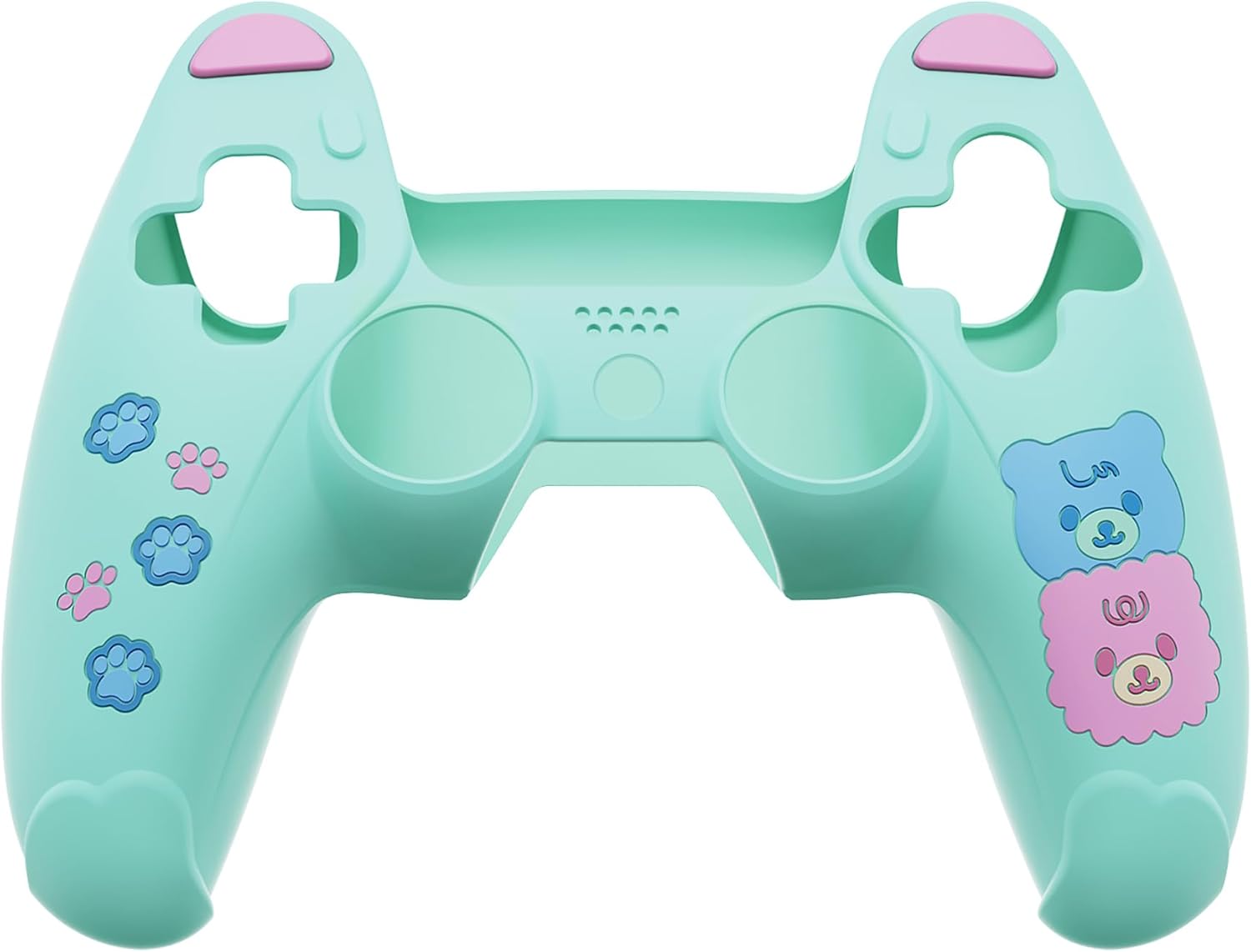 PlayVital Cute Bear Controller Silicone Case for ps5, Kawaii Controller Cover Compatible with Charging Station, Gamepad Skin Protector for ps5 with Touch Pad Sticker & Thumb Grips - Green & Pink - Image 2