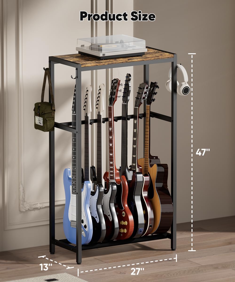 Koutemie - Soporte para guitarra de 7 vías, estante para múltiples guitarras con estante superior de almacenamiento, soporte para guitarra acústica, guitarra eléctrica y bajo, estante de exhibición