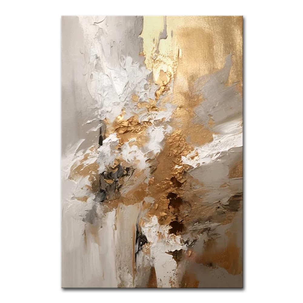 Mintura Großes Kunstwerk, handgefertigt, abstrakt, goldfarben, dickes Ölgemälde auf Leinwand, Wandkunst Bild für Wohnzimmer, Heimdekoration, Hotel (90 x 140 cm, ungerahmt), Weiß / Gold
