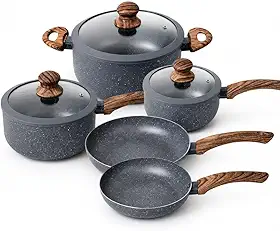 Conjunto 5 Panelas Cerâmicas Granito Cinza com Tampa Vidro e Cabo Madeira – Jogo Panelas Antiaderente sem PFOA Caçarola Frigideira
