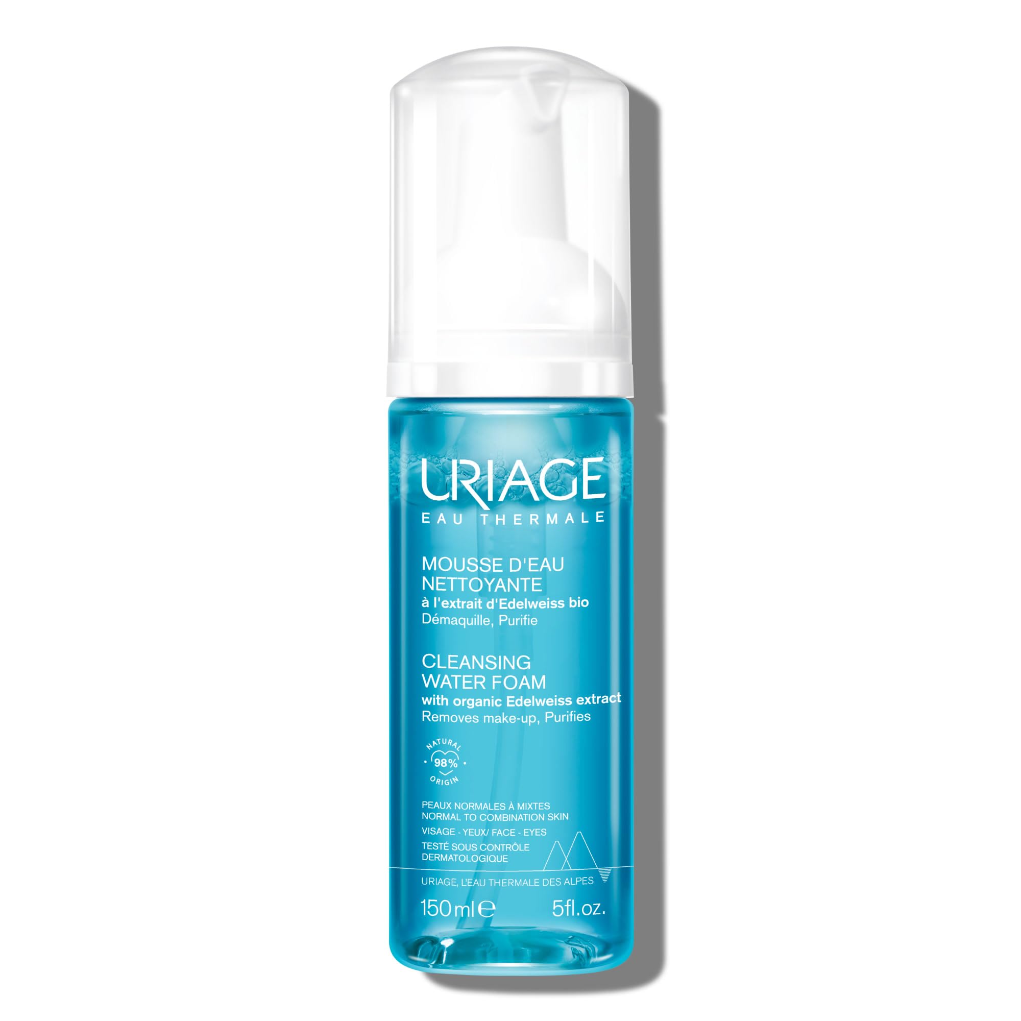 Uriage Detergente e struccante per il viso con Stella alpina bio - Mousse morbida e molto soffice, detergente a risciacquo - Rimuove perfettamente il trucco e lascia la pelle morbida
