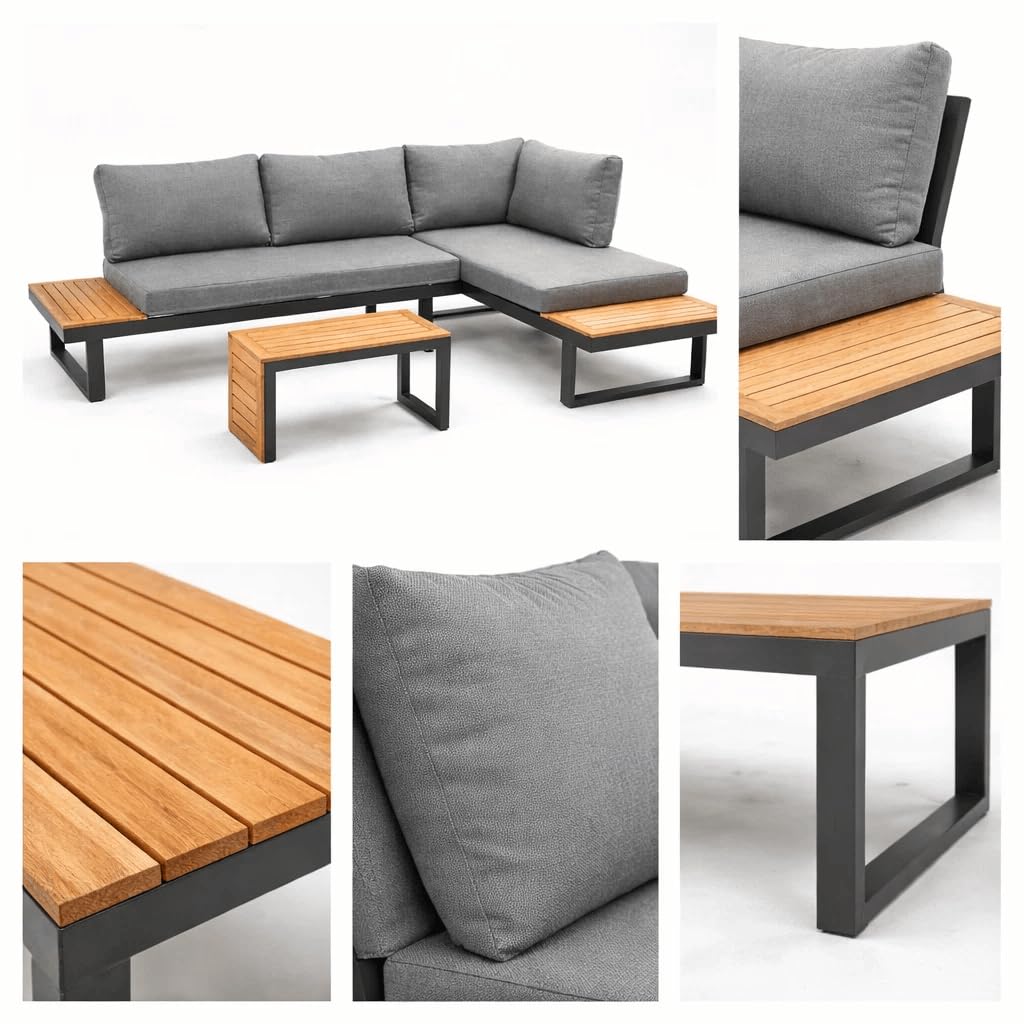 greemotion Lounge-Set Samara, Gartenmöbel-Set aus Aluminium, inklusive Kissen, Anthrazit / Holzfarben / Grau, Mittel