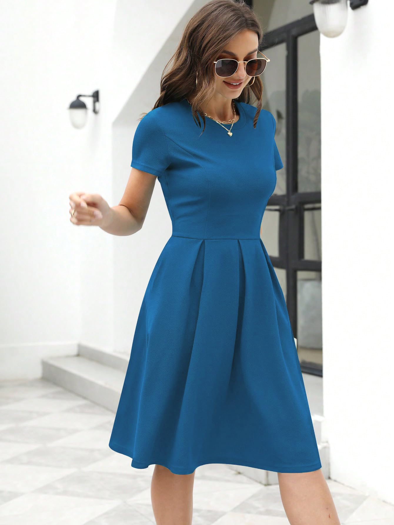 Shasmi Girl's & Women's Solid Cadet Blue Color Solid Slant Pocket Fold Pleated, Women Cocktail Party Vintage Style With Pockets Big Swing Simple Retro Dress (Dress 166 Falsa Blue-L)