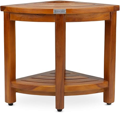 Miniatura 4 de TeakCraft Banco esquinero de teca con estante y cesta, totalmente montado, 16 pulgadas, The Loki