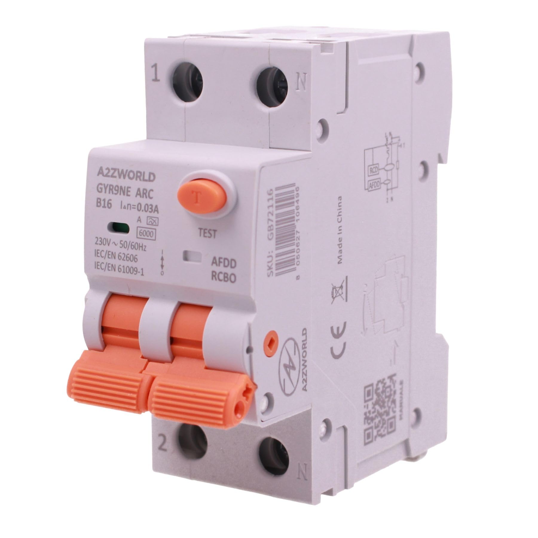 AFDD RCBO Brandschutzschalter, Typ A Kurve B 16A B16, Magnetothermic Differential mit Fehlermeldung Elektrischer Lichtbogen, 6kA 30mA 1P+N, Schutz gegen elektrische Brände