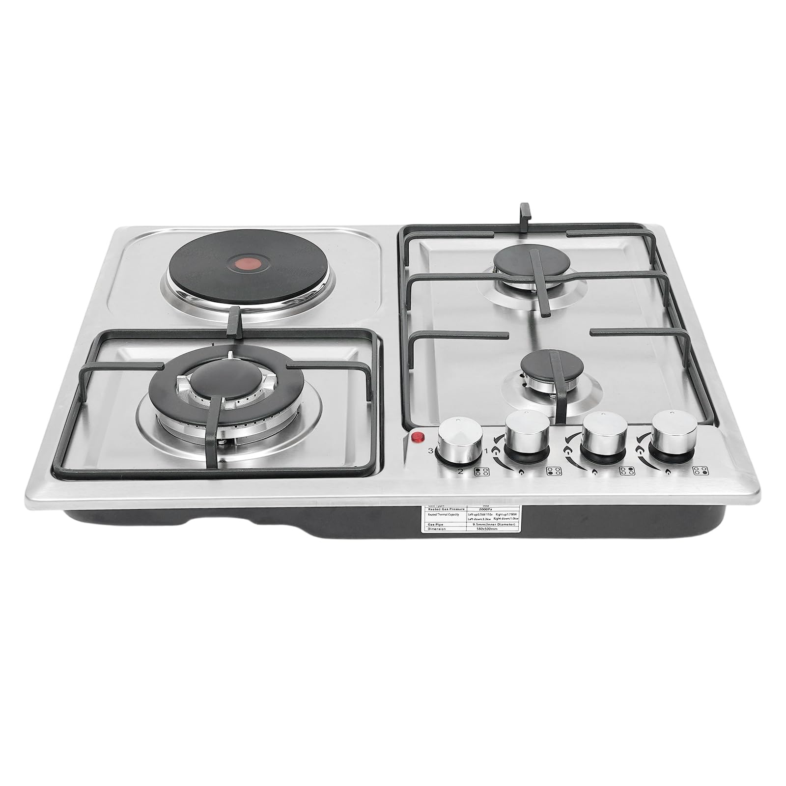 Cocina de gas 4 en 1 con placa eléctrica, 4 quemadores (3 gas + 1 eléctrico), placa de acero inoxidable, protección contra llamas, ideal para cocina, camping y autocaravana