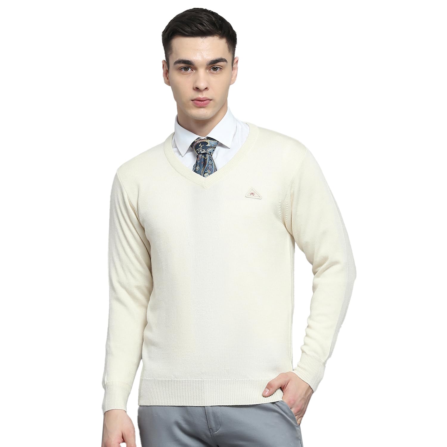 Mens Solid Cream V Neck Full Sleeve Pullover