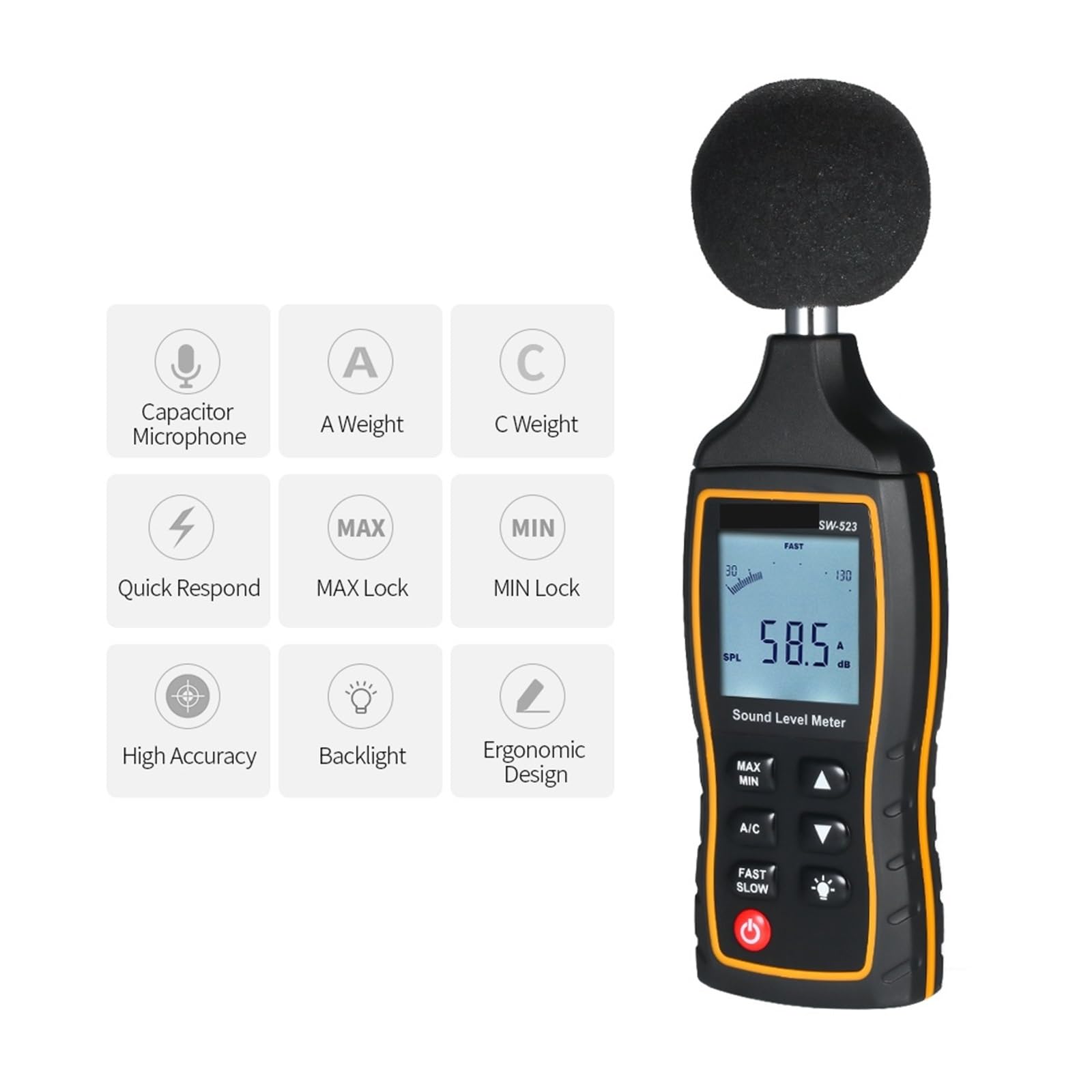 Fonometro Misuratori di decibel ad alta precisione Sonometro digitale Misuratore rumore con ponderazione CA e funzione spostamento automatico, Guardia audio