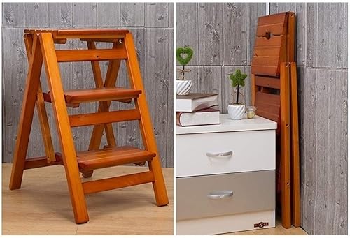 Miniatura 5 de Taburete de madera con 3 peldaños antideslizantes para adultos y niños en interiores con escalera plegable de madera, ideal para el hogar, cocina,