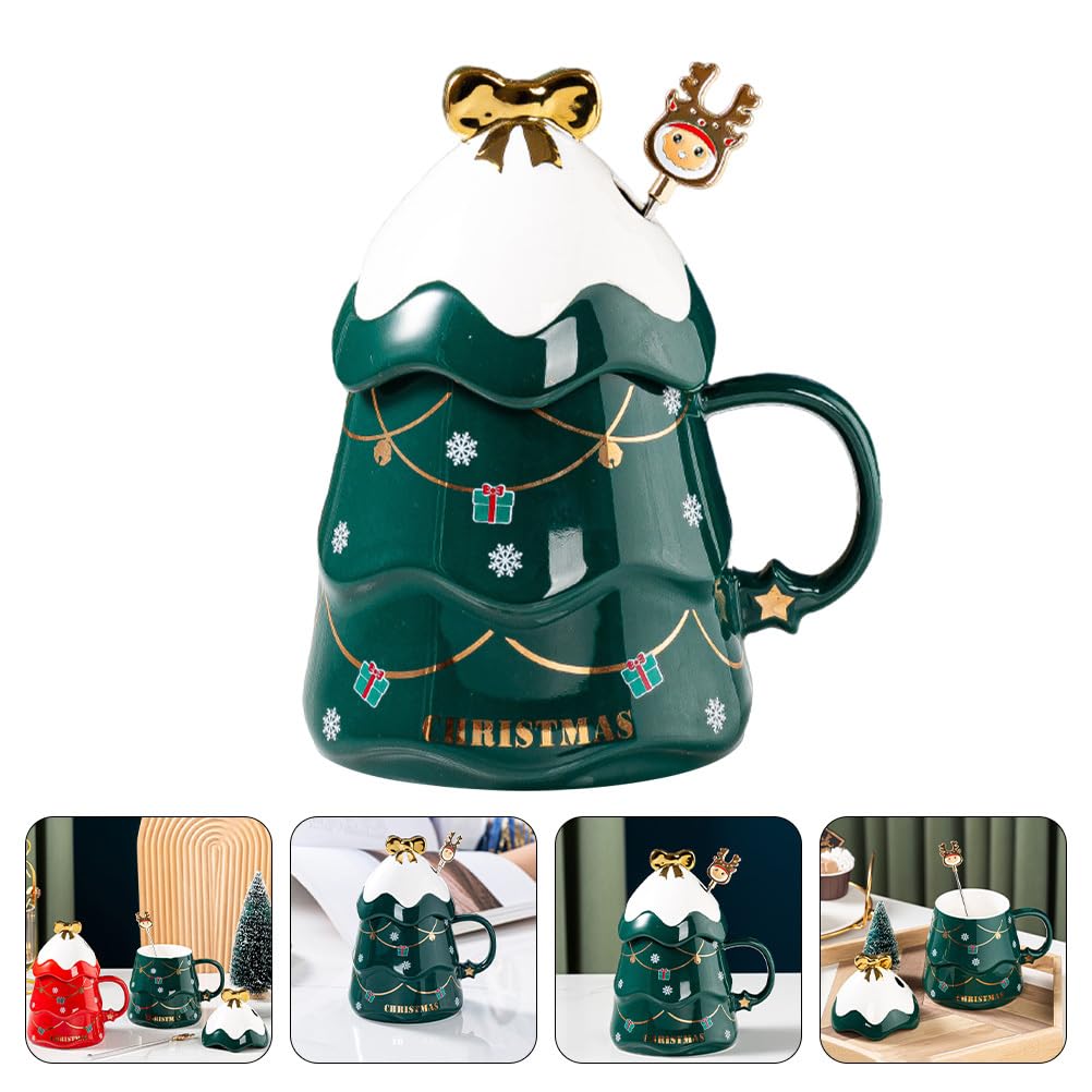 Cabilock 500ml Weihnachtstasse Groß mit Deckel & Löffel - Keramik Kaffeebecher Tannenbaum Grün, Lustige Teetasse für GlühweinKakao, Kaffeebecher & Milchtasse, Weihnachtsgeschenke für Frauen & Büro