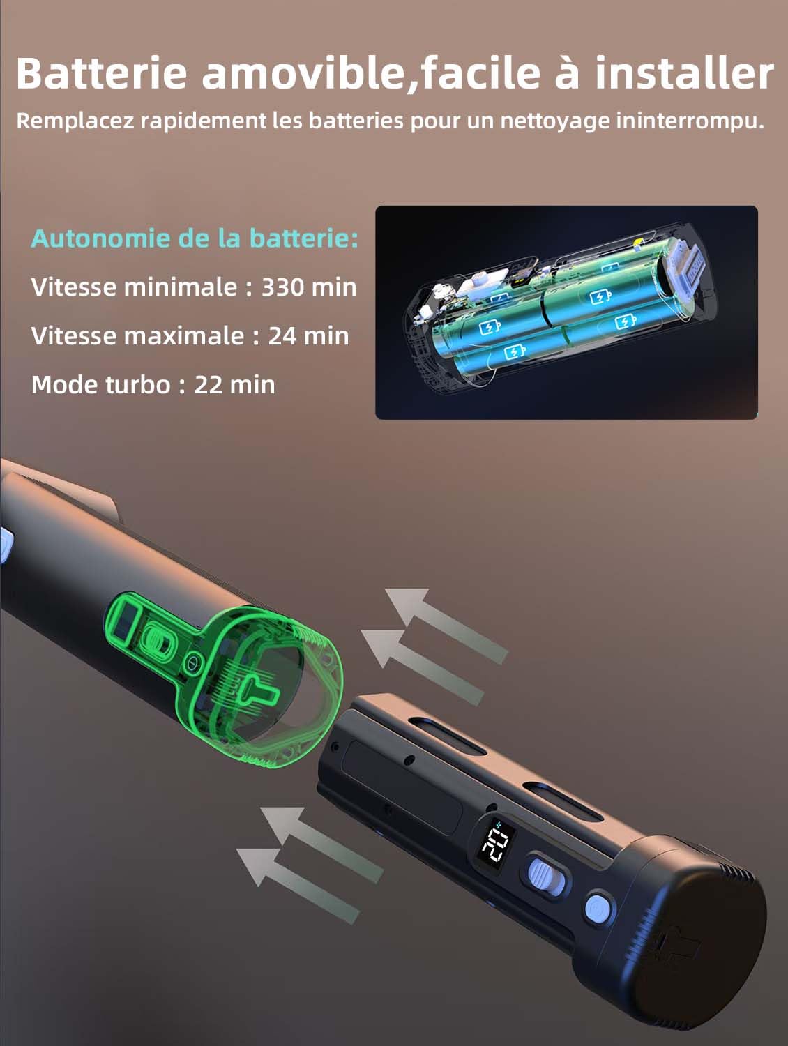 Kica Jetfan Max Souffleurs de Feuilles sans Fil,Aspirateur souffleur léger avec Batterie Amovible 4000mAh*6S & Chargeur, Puissance d’Aspiration 331 km/h & 11m³/Min,Mode de Vitesse 1-100,buse Amovible