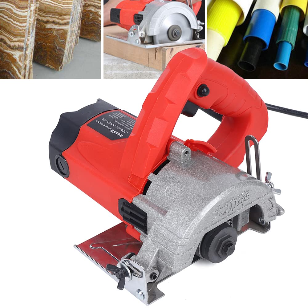 Sega per calcestruzzo, tagliapiastrelle, sega per pietra, 1,58 KW, per legno e pietra con lama da 110 mm, profondità di taglio 0-34 mm, angolo di inclinazione 0-45°, taglio piastrelle e legno