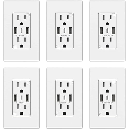 ELEGRP USB Wall Outlets, 3-Ports USB C Wall Outlets Receptacles, Matte White 15 Amp Outlets with USB Ports, Tamper-Resistant USB Outlets, Screwless Wall Plate Included, UL & CUL Listed, 6 Pack