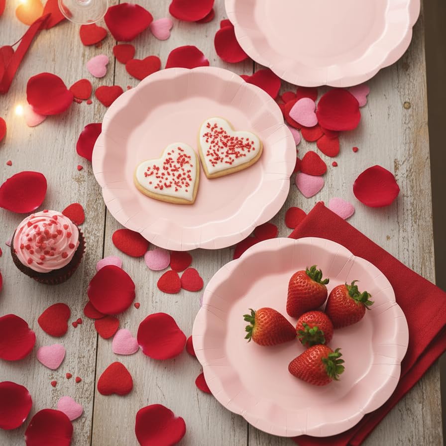 Image of NatNarr 30 Pcs Pink Plates, 9 Inch Scalloped Pink Galentines Plates Disposable Dinner Paper Plate Valentines Party Supplies for Valentine's Day Weeding, Bridal Shower (Pack of 2)
