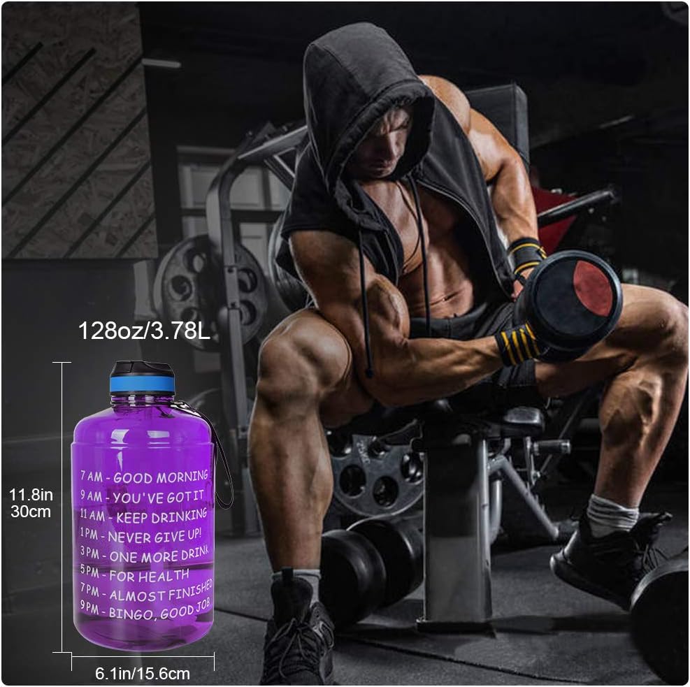 Opard Gallon Water Bottle with Time Marker Straw and Handle 128oz 1 Gallon Water Jug BPA Free Motivational Big Large Sports Water Bottle for Gym Fitness (3-2 Purple)