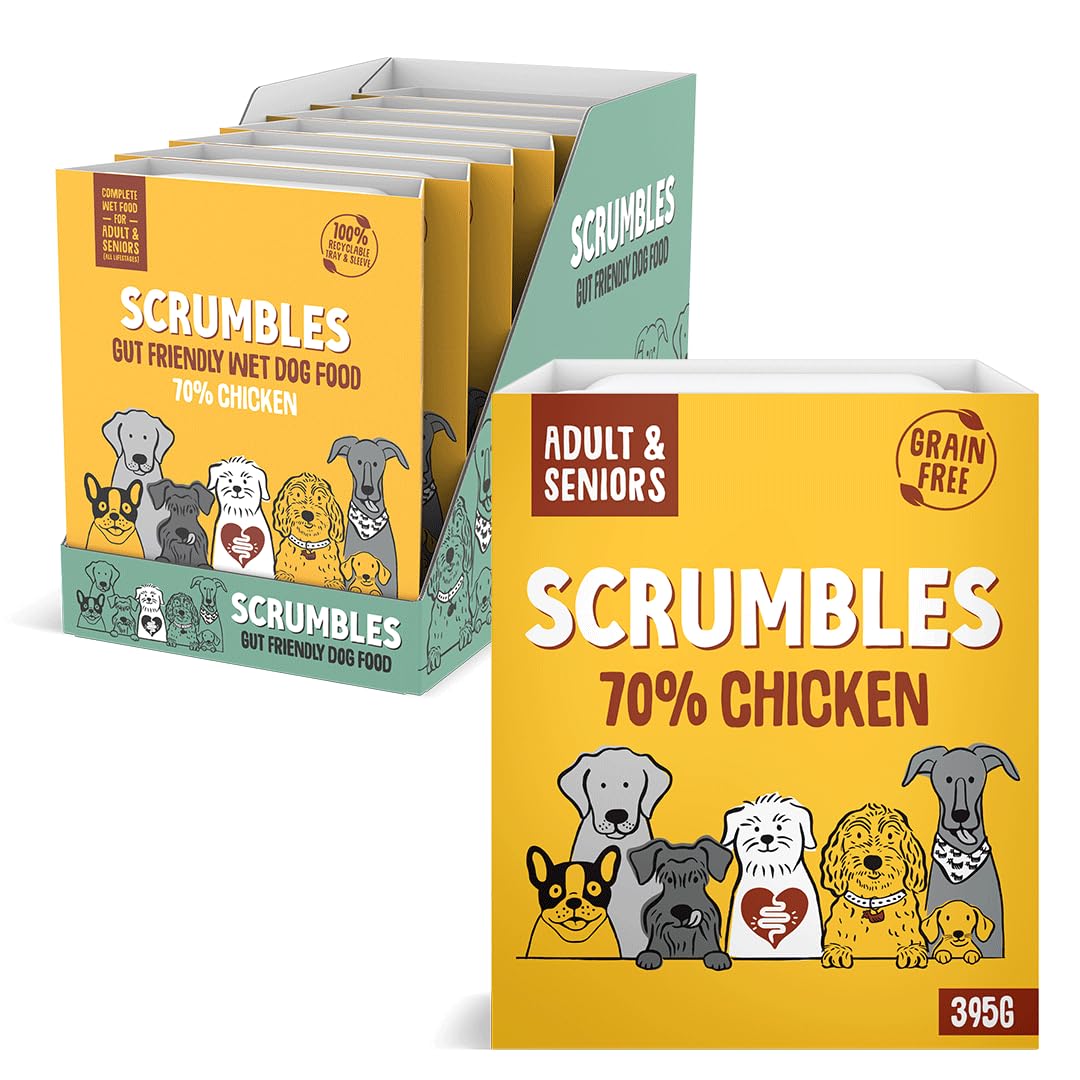 Scrumbles • Wet Dog Food • Hypoallergenic • All Lifestages • Chicken 70% • 2.76kg (7 Trays x 395g) • Natural Complete Adult Recipe • Gut Friendly Prebiotics