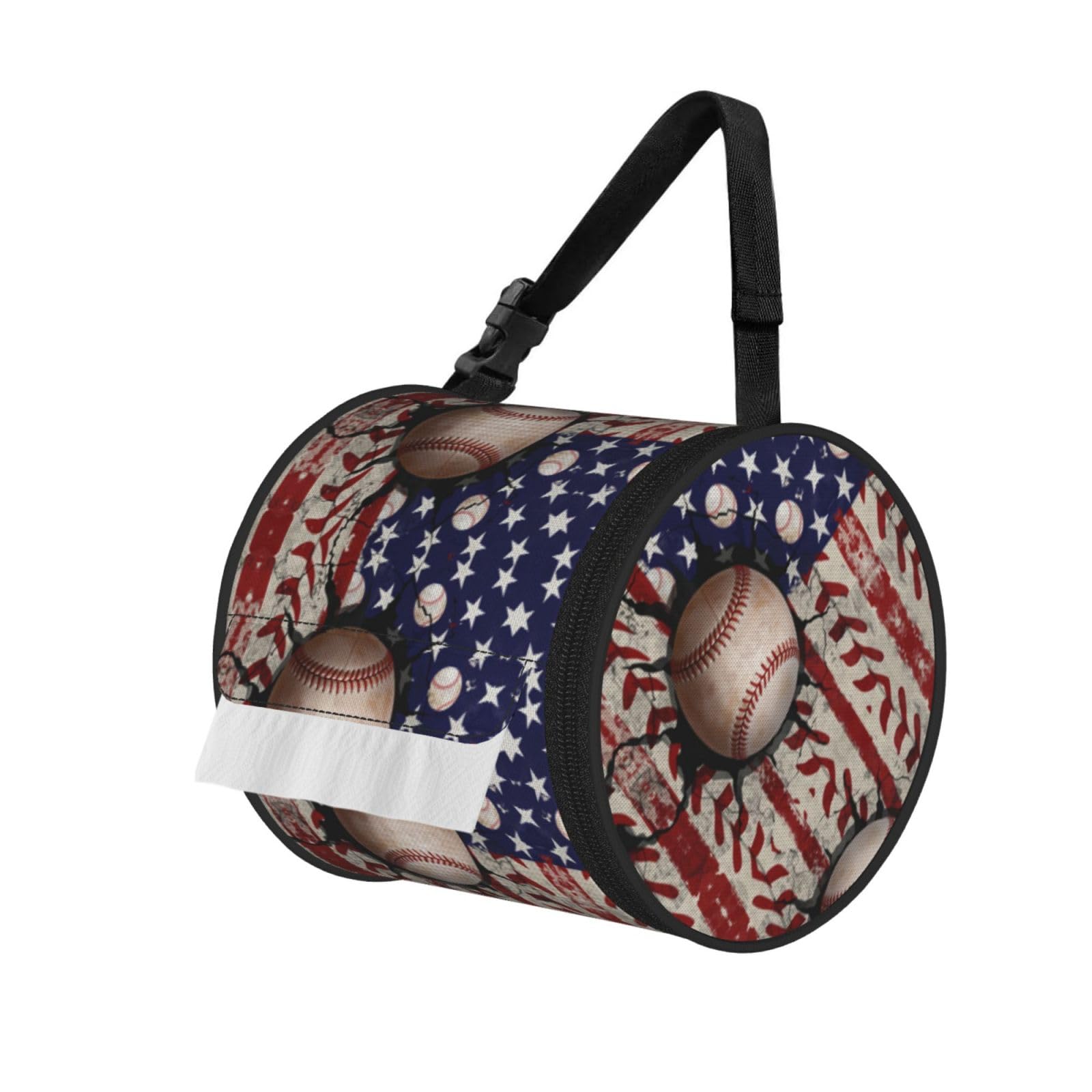 Flag Baseball Print Round Tissue Dispenser Bag With Carry Strap, Portable Roll Holder For Car Travel Home
