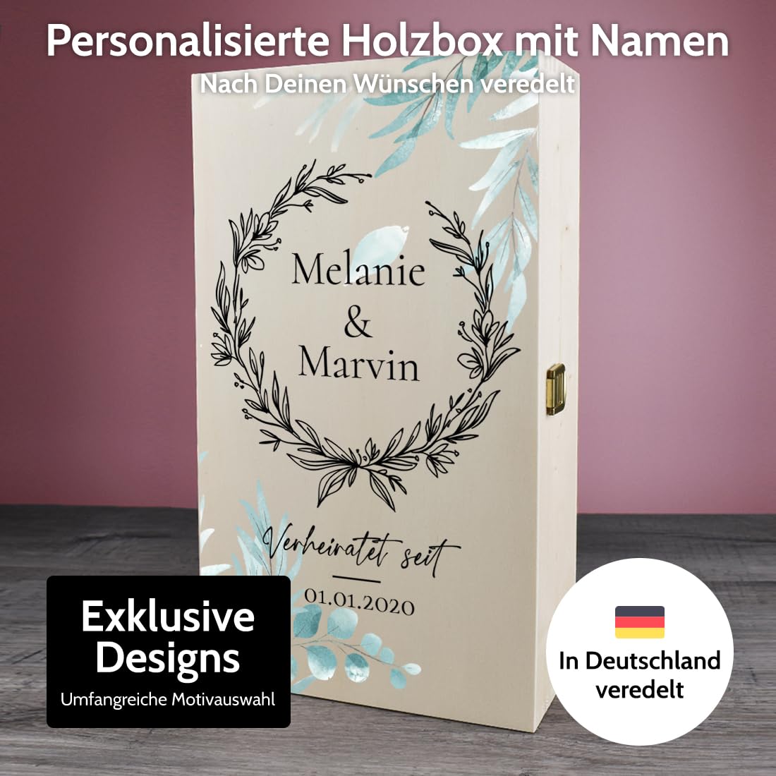 polar-effekt Hochzeitsgeschenk 3-tlg Geschenkset Sektgläser 200 ml & Holzkiste - Geschenk zur Hochzeit & Verlobung - beinhaltet 2x Gläser & 1x Kiste aus Holz