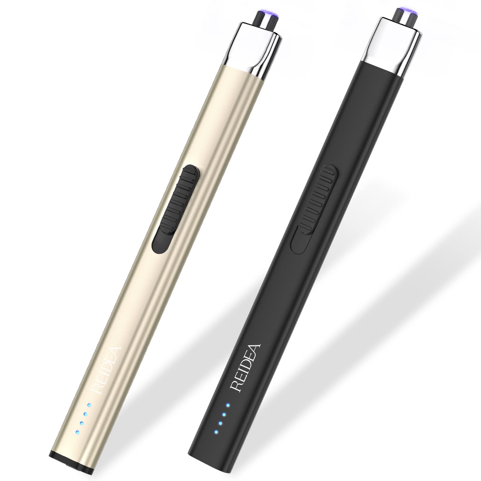 REIDEA Lighters 2 Pack R1 Flat Electronic Candle Lighter, Windproof Flameless USB Rechargeable Arc Lighter with Safe Button and Power Indicator for Candle, BBQ and Fireworks, Champagne Gold and White