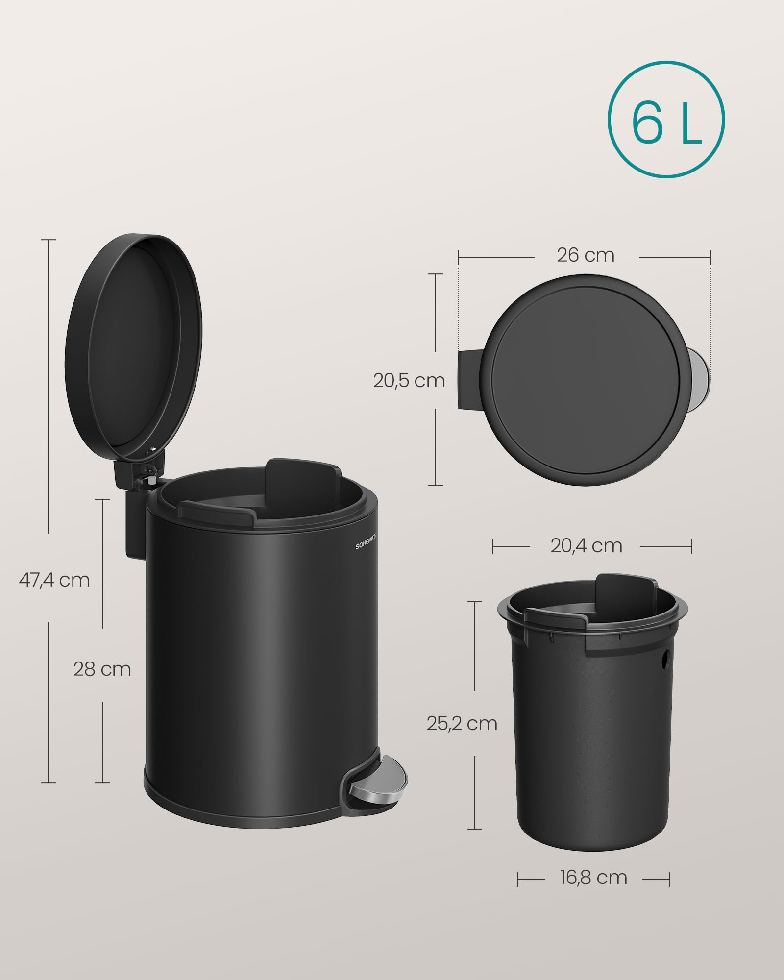 SONGMICS Cubo de Basura de Baño, 6 L, Cubo de Acero con Tapa de Cierre Suave, Cubo Interior, para Residuos, Dormitorio, Negro Tinta LTB016BZ02