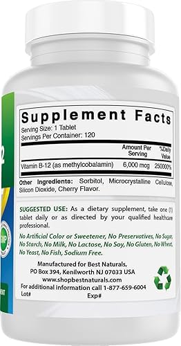 Miniatura 6 de Best Naturals Vitamina B-12 como metilcobalamina (metil B12), 6000 mcg 120 comprimidos sublinguales (120 unidades (paquete de 2))