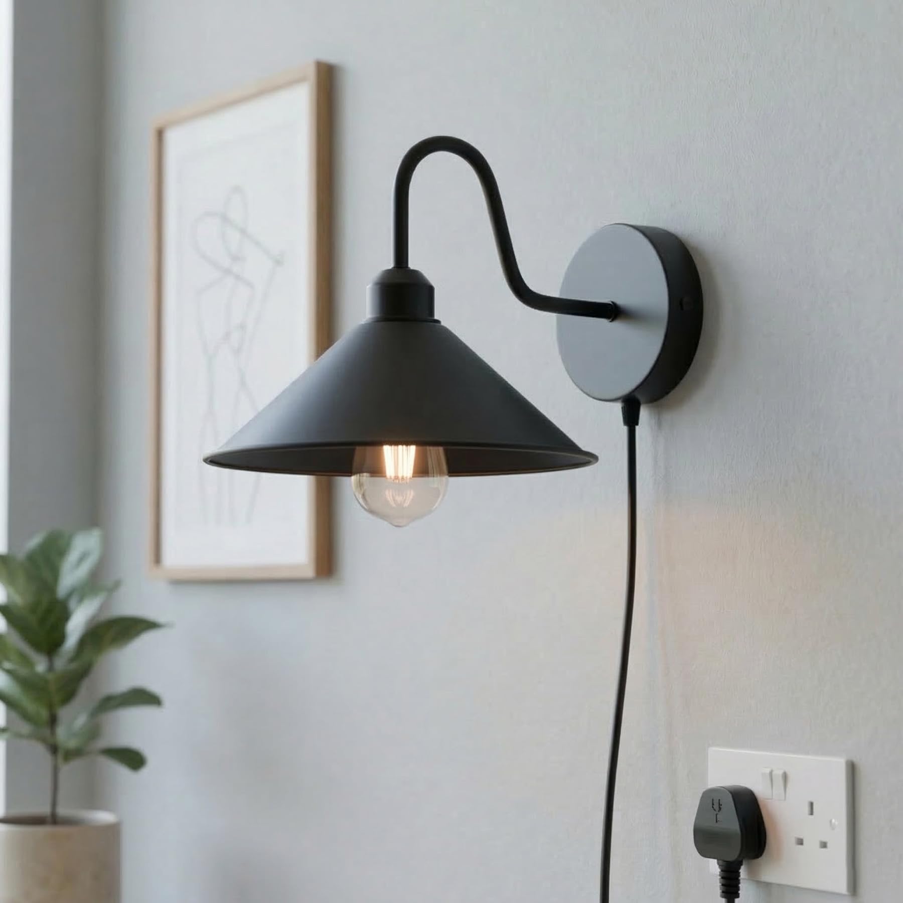 DC VOLTAGE Plug in Wall Lights for Bedroom with Switch and 200CM Cable, E27 Base, Indoor Plug in Bedside Wall Light, Metal Wall Sconce, Vintage Industrial Wall Lamp for Living Room, Black