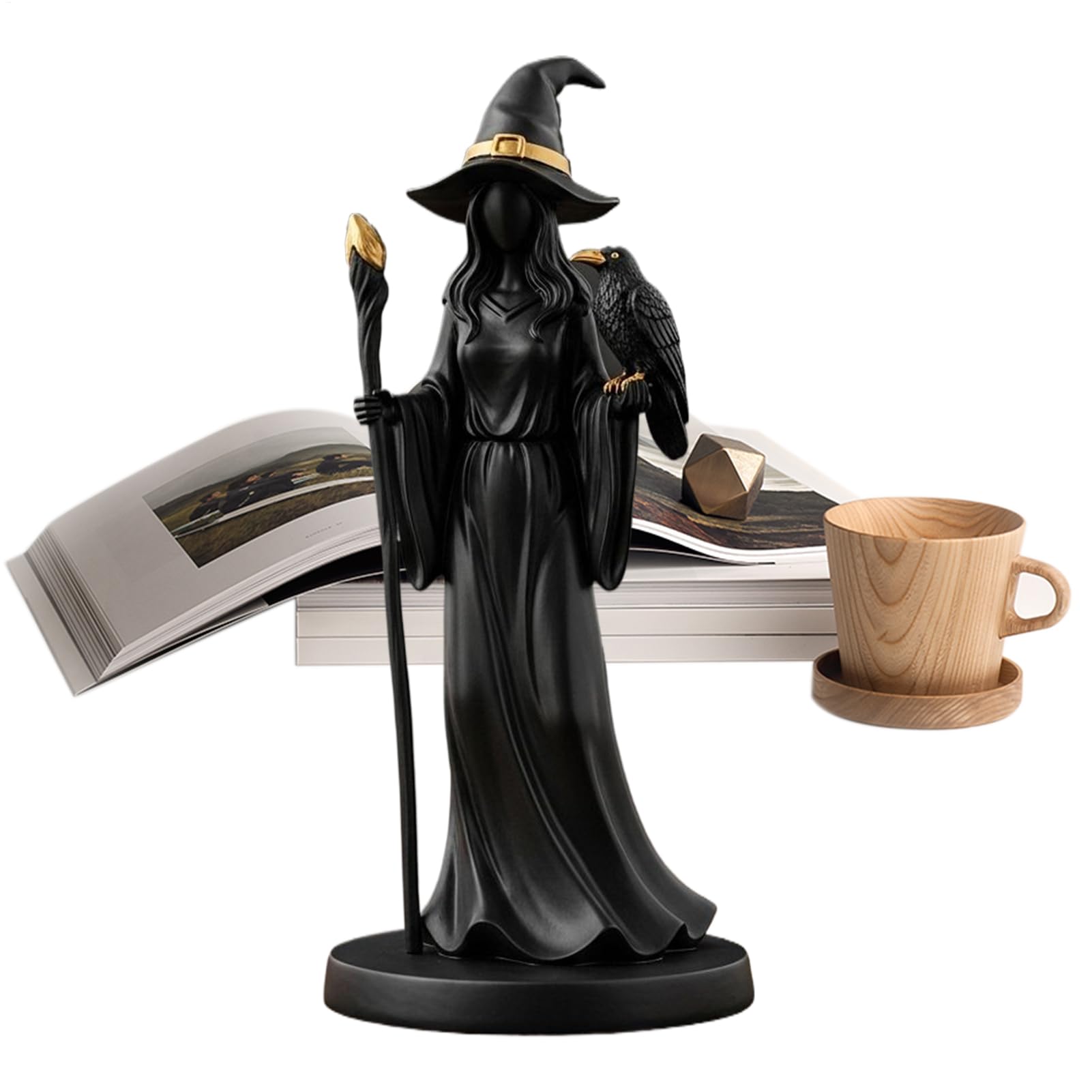 Sculpture sorcière noire et baguette dorée élégante figurine gothique faite main