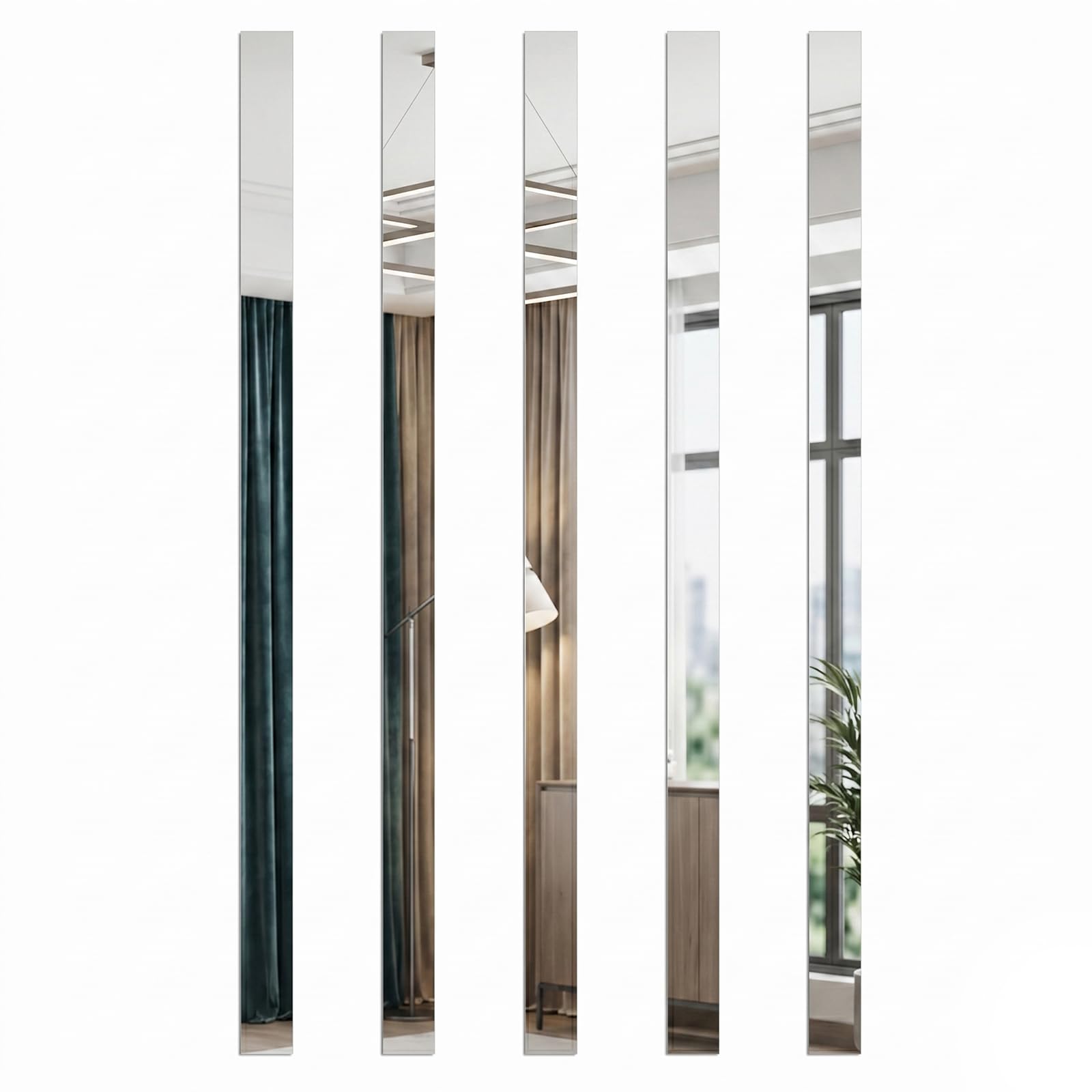 GREENSAPPIRE 10 Pcs Long Mirror Wall Stickers 120cm x 4cm, Self Adhesive Acrylic Mirror Strips, Peel and Stick Decorative Mirror Panels for Living Room Bedroom Hallway Home Décor, Silver (Silver)
