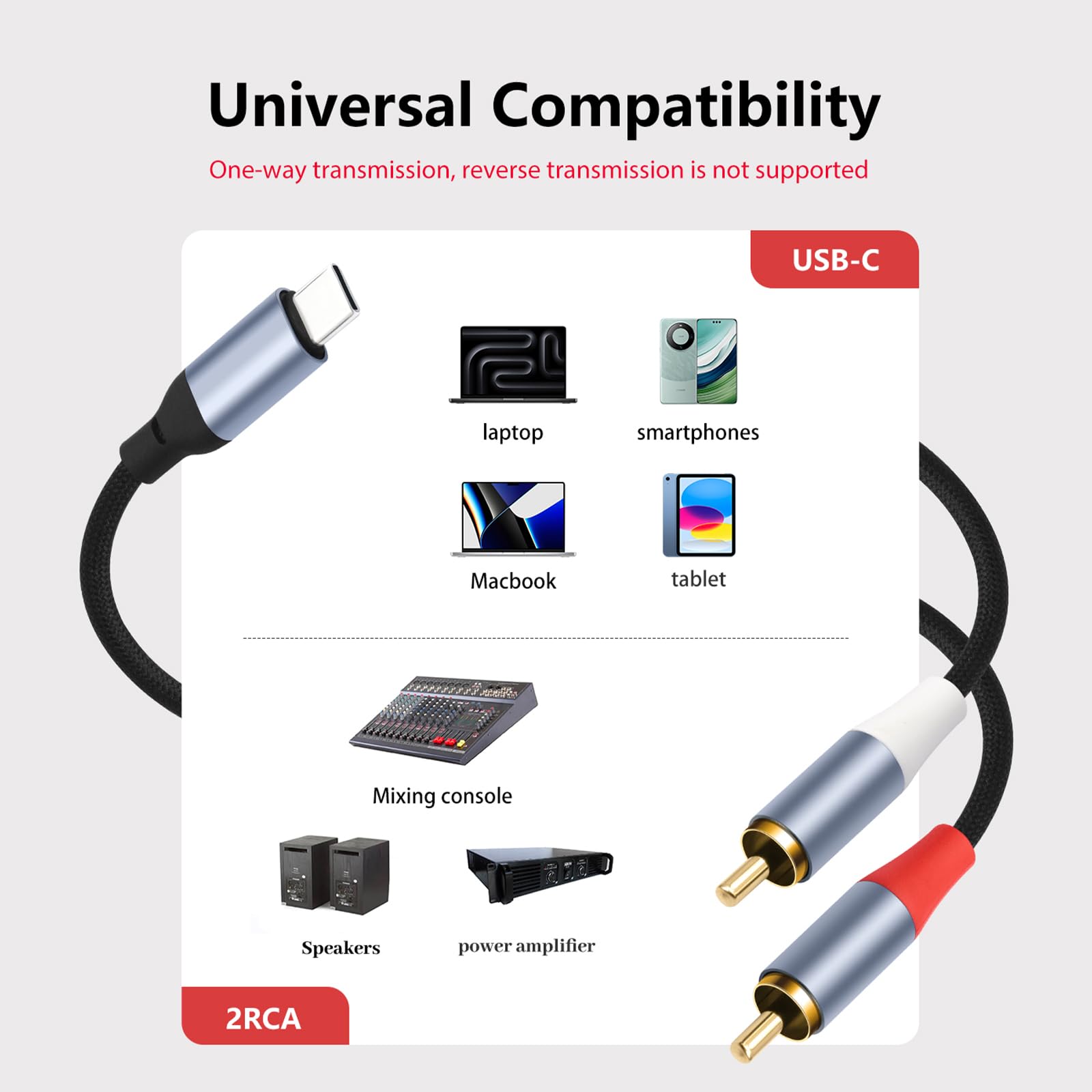Cable USB-C a RCA dual de 6.6 pies, cable de audio digital a analógico con chip DAC, conectores RCA chapados en oro, doble blindaje para audio doméstico, tocadiscos, amplificadores