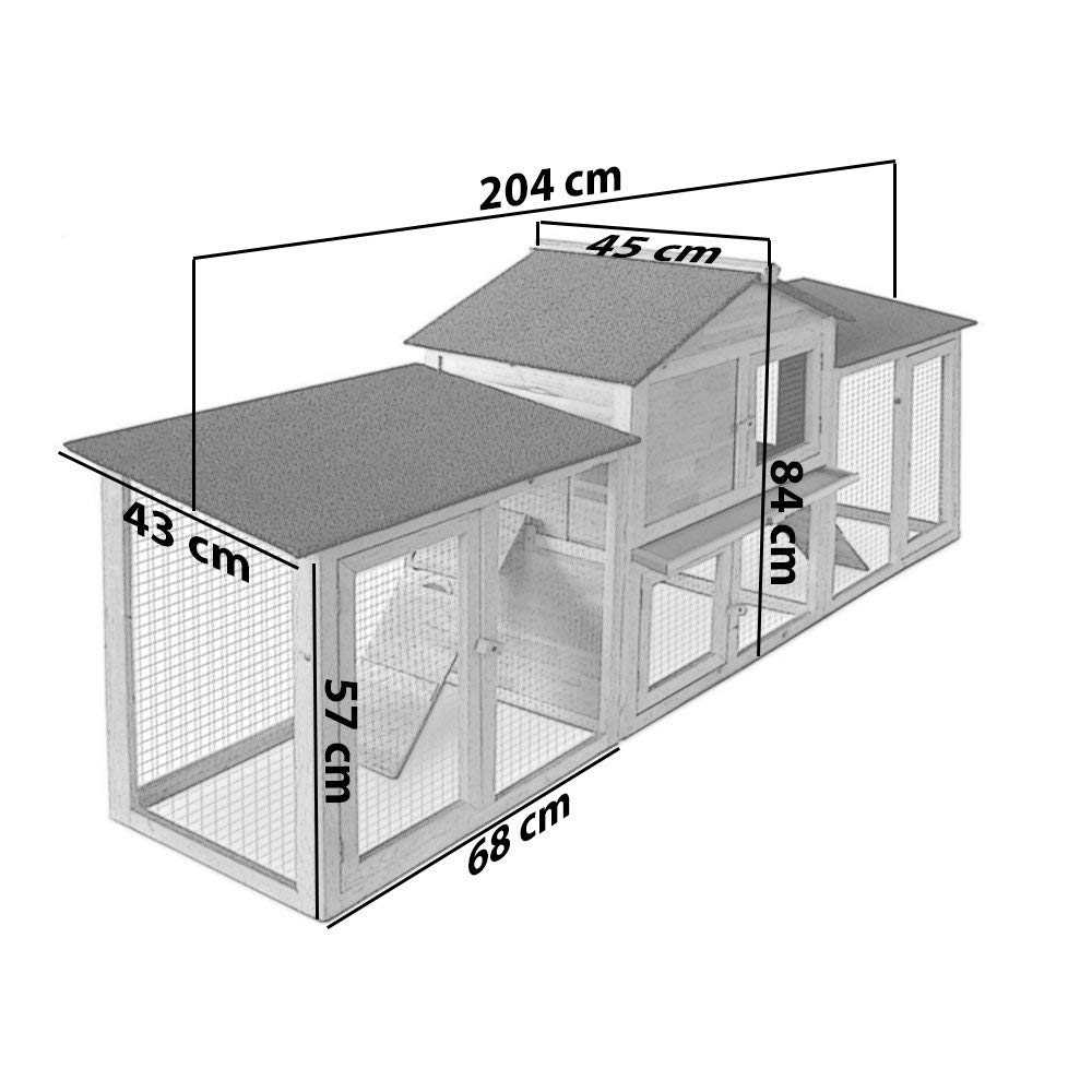 AQPET Gabbia per Conigli conigliera pollaio con Tetto XXL da Esterno in Legno componibile 204X45X84h cm
