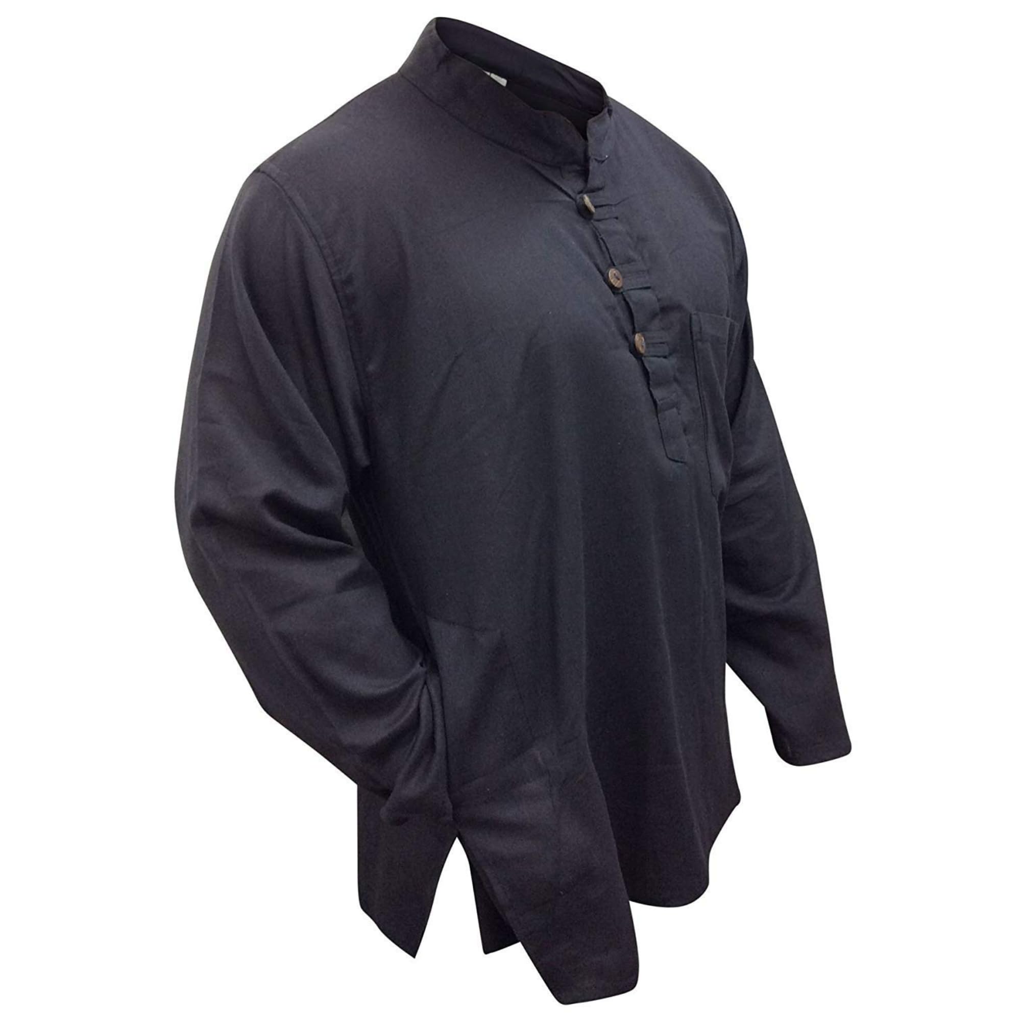 SHOPOHOLIC FASHION Mens Light Weight Hippy Festival Plain Grandad Shirt, (Black/XXL)