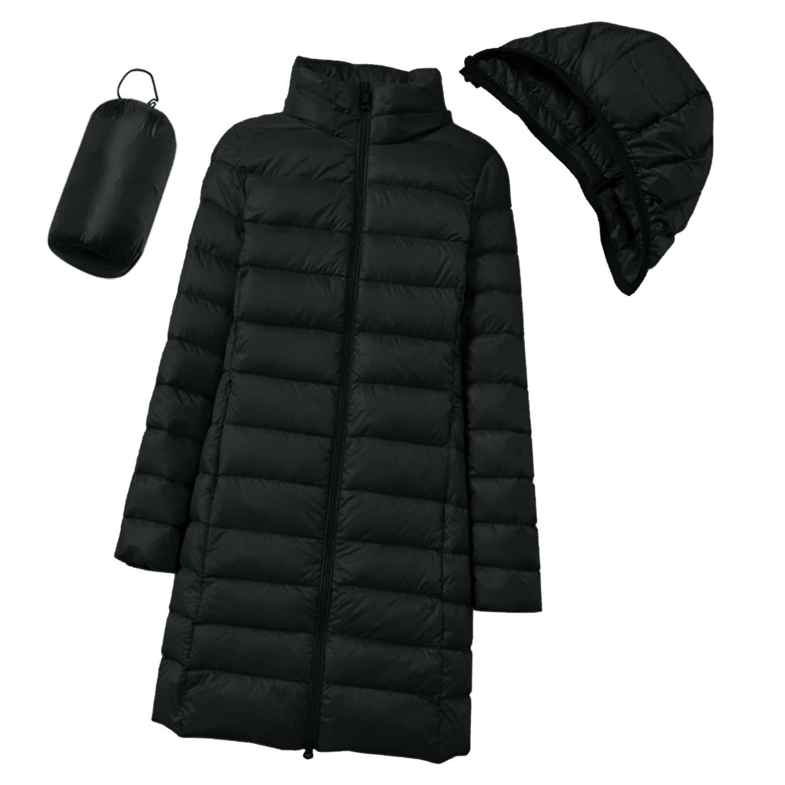 Generisch Winterjas voor dames, lange donsjas, afneembare capuchon, lichte winterjas, lange mouwen, donsjas met ritssluiting, zak, gewatteerde jas, opvouwbare bufferjas, winterparka Generisch Winterjas voor dames, lange donsjas, afneembare capuchon, lichte winterjas, lange mouwen, donsjas met ritssluiting, zak, gewatteerde jas, opvouwbare bufferjas, winterparka