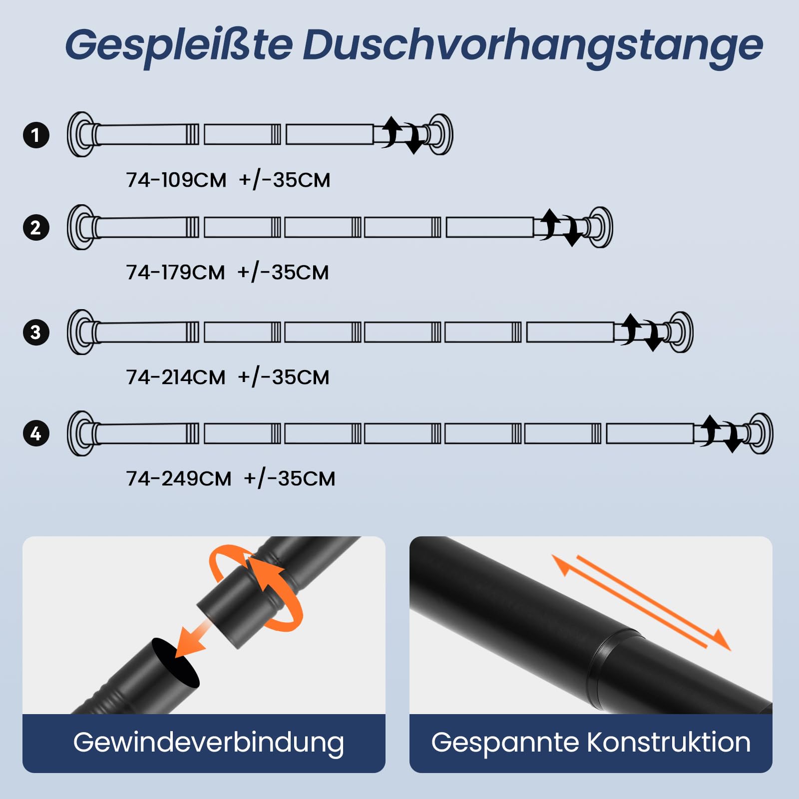 Duschvorhangstange Verstellbar 86-203 Cm – Schwarz, Rostfrei, Ohne Bohren