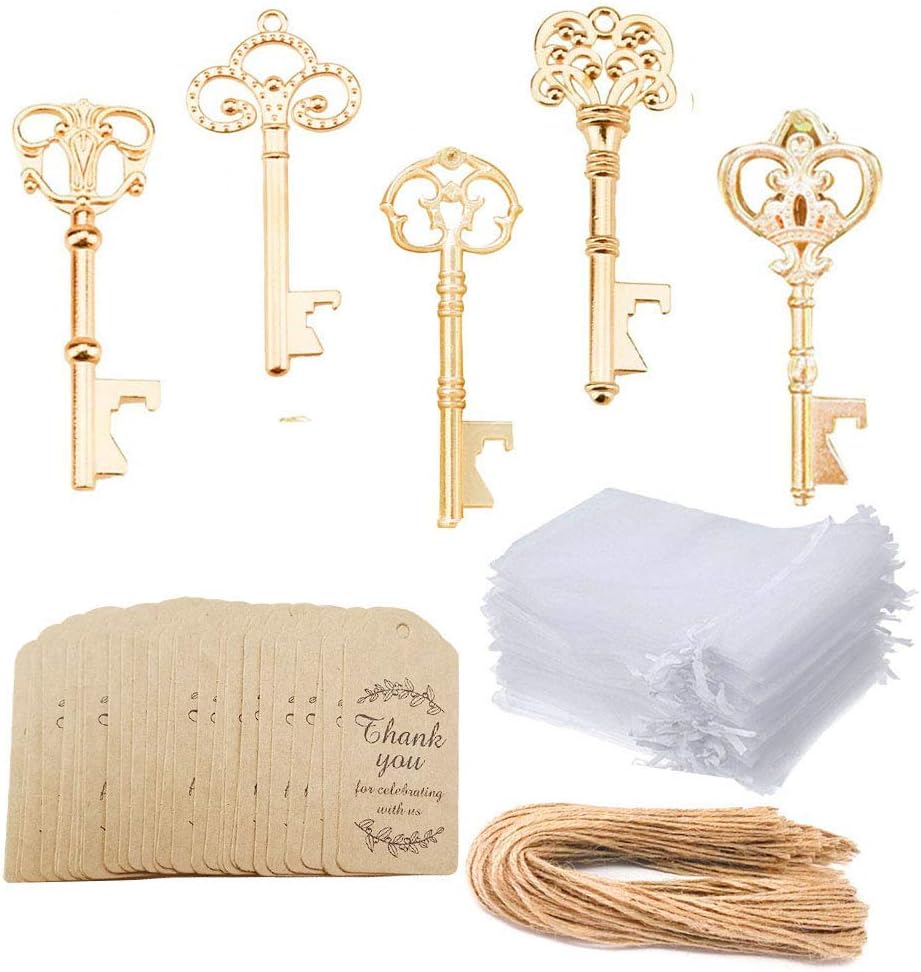 Awtlife 50 Pcs KC Gold Skeleton Key Bottle Opener 5 Style with Tag Cards Sheer Bag for Wedding Party Favors Christmas