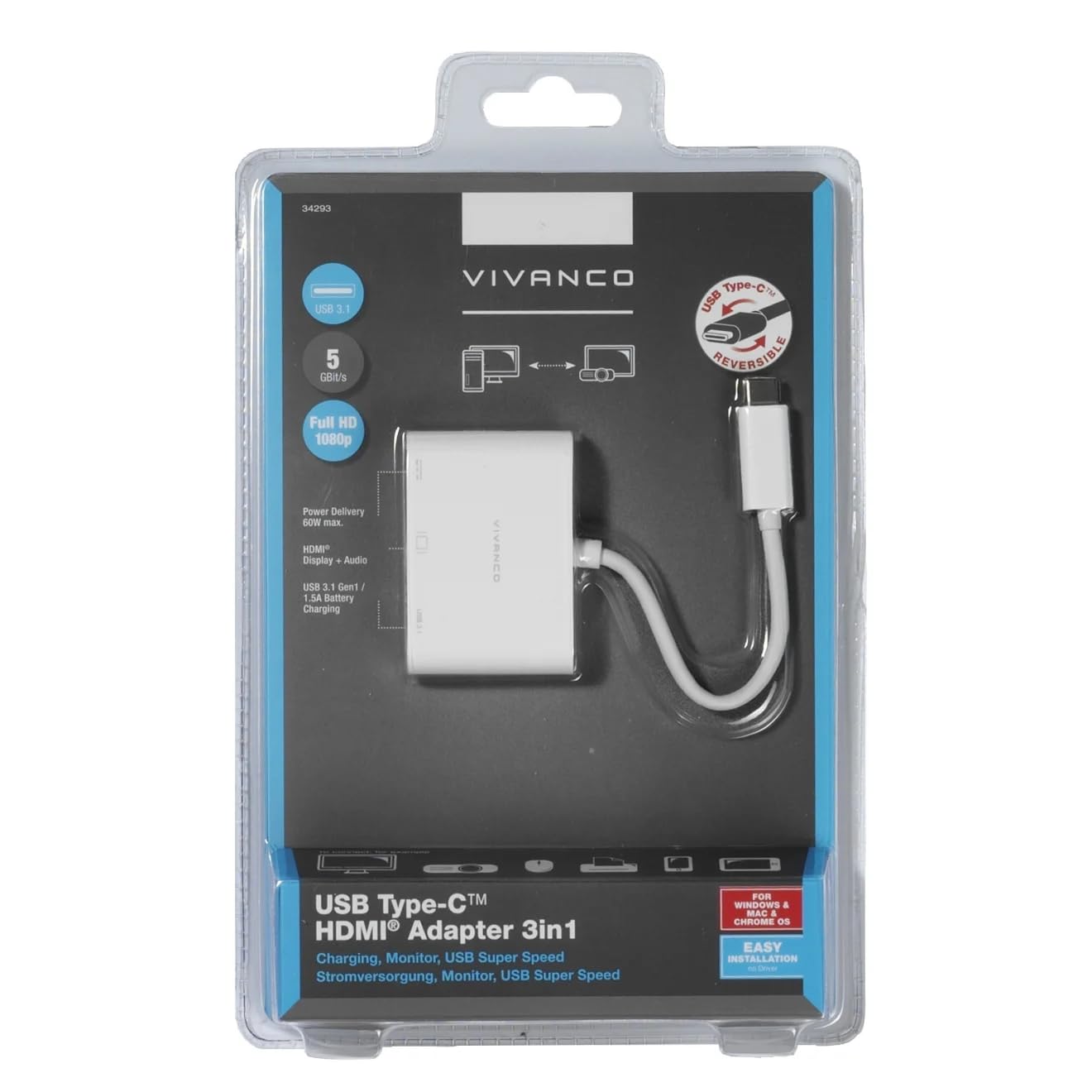 Vivanco 34293 Nodo USB-Hub (USB 3.0 3.1 Gen 1) typ C, USB 3.1 3.1 3.1 3.1 Gen 1) typ C, 5000 Mbit/s, biały, Windows 10, Windows 7, Windows 8.1)