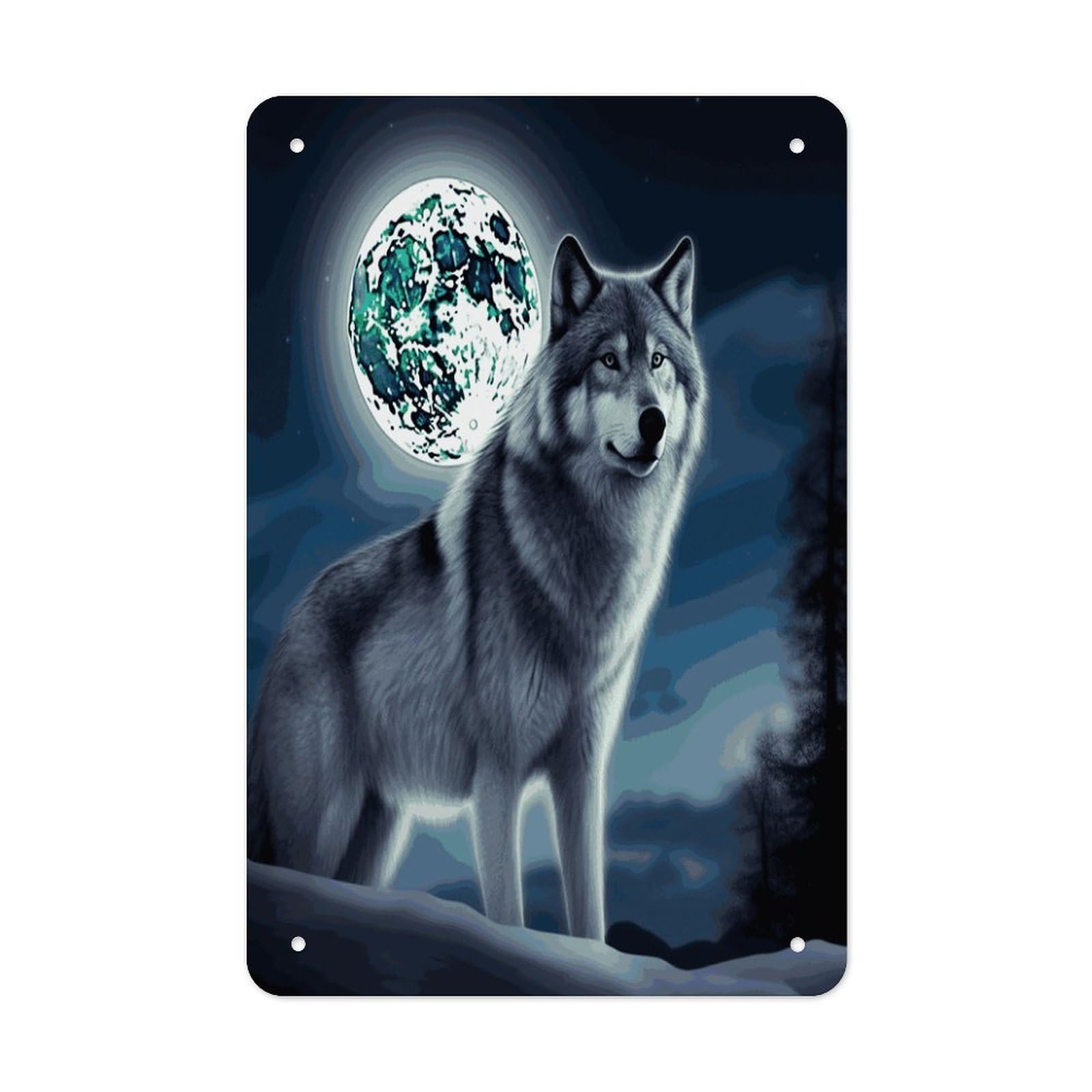 LDGSUPH Wolf Under Moon Wall Art Prints Folded Edge Iron Sheet Painting with Holes for Wall Prints Decorative Picture Metal Signboard Decor Painting for Outdoor Indoor Wall Decor