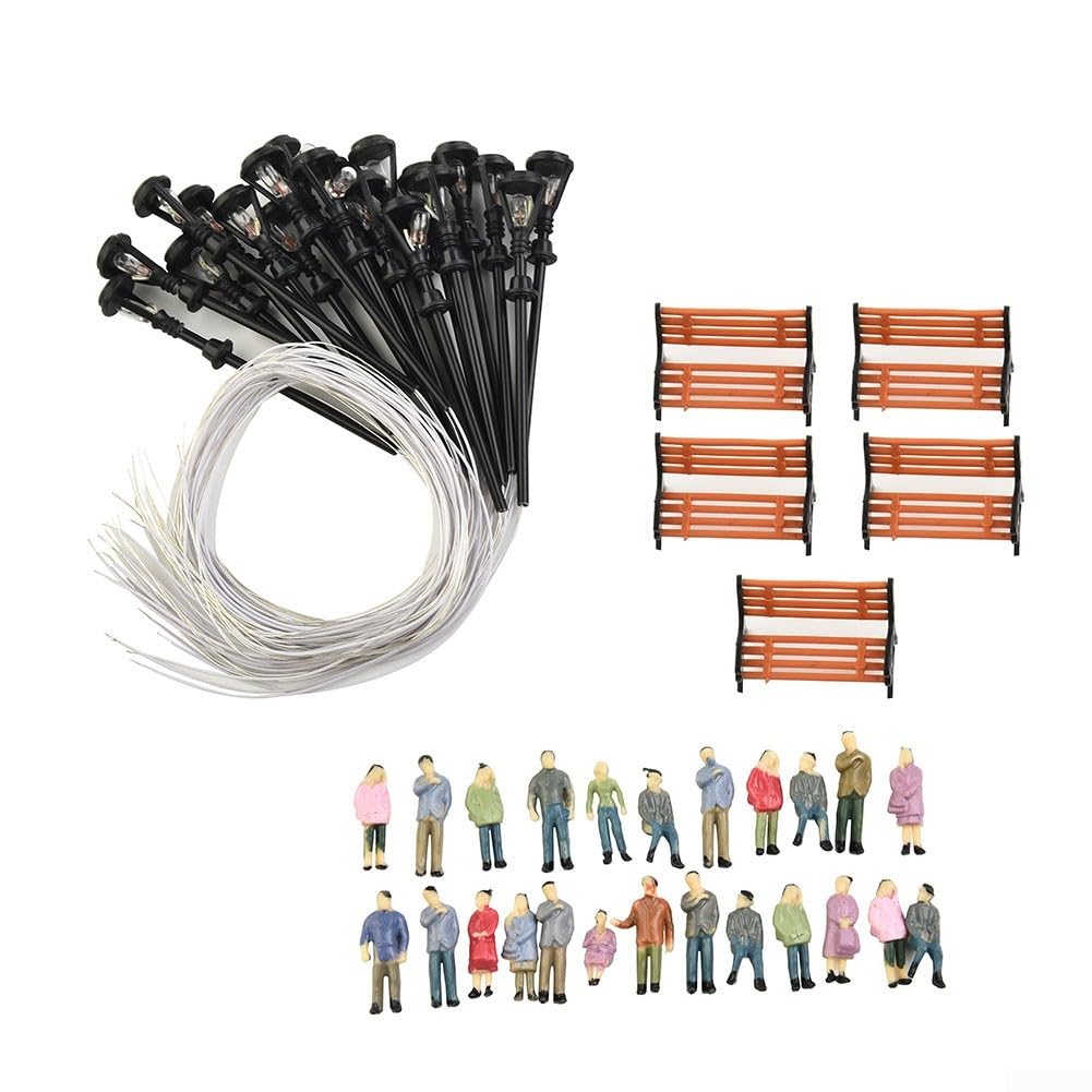 49-Piece HO OO Scale Model Train Accessories - Painted Figures, Park Benches, Street Lamps for Realistic Railway Scenes