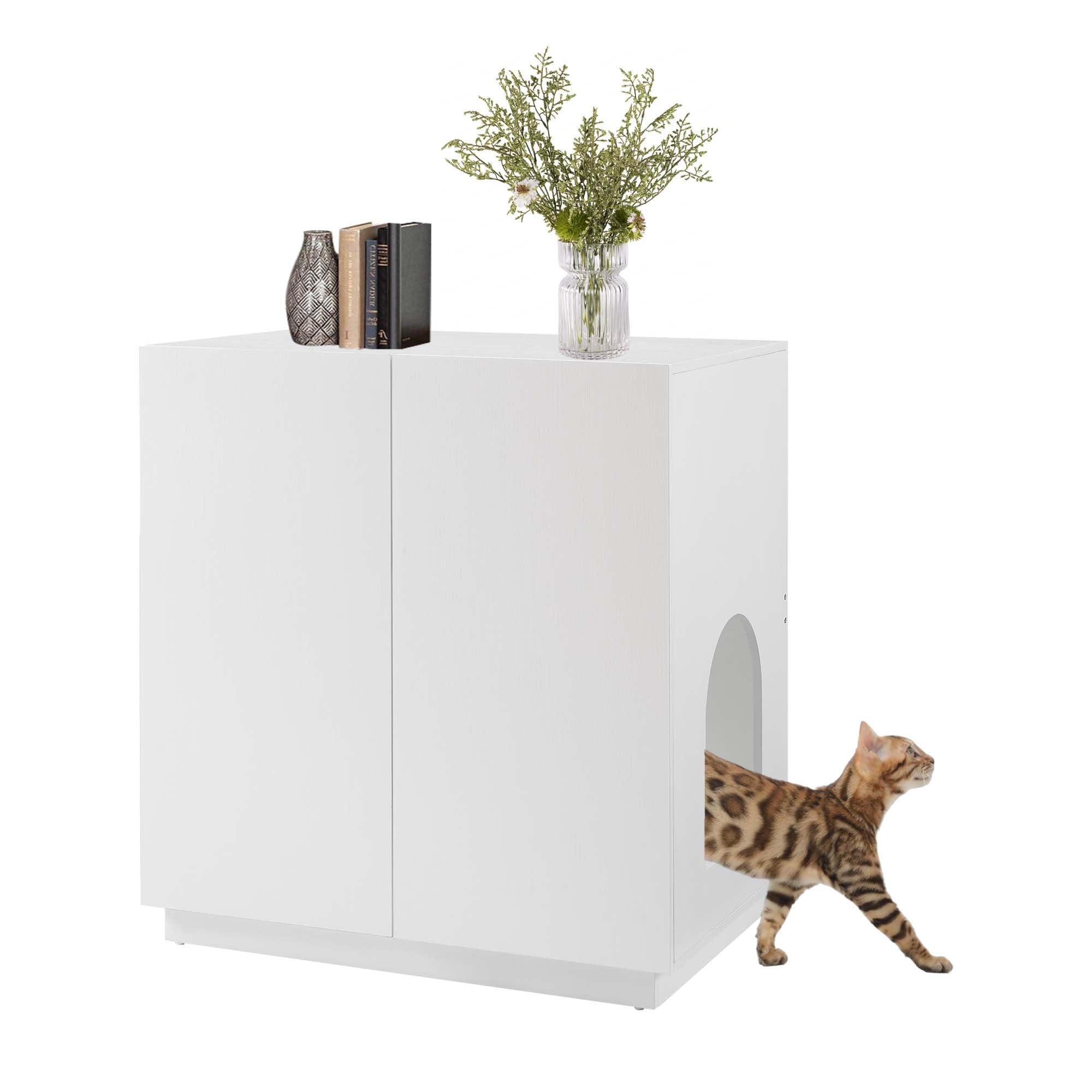 unipaws Tall Cat Litter Box Enclosure with Shelves, Hidden Litter Box Cover for Tall or Top Entry Litter Box, Kitty Enclosed Litter Box Cabinet, Cat Box Furniture, White