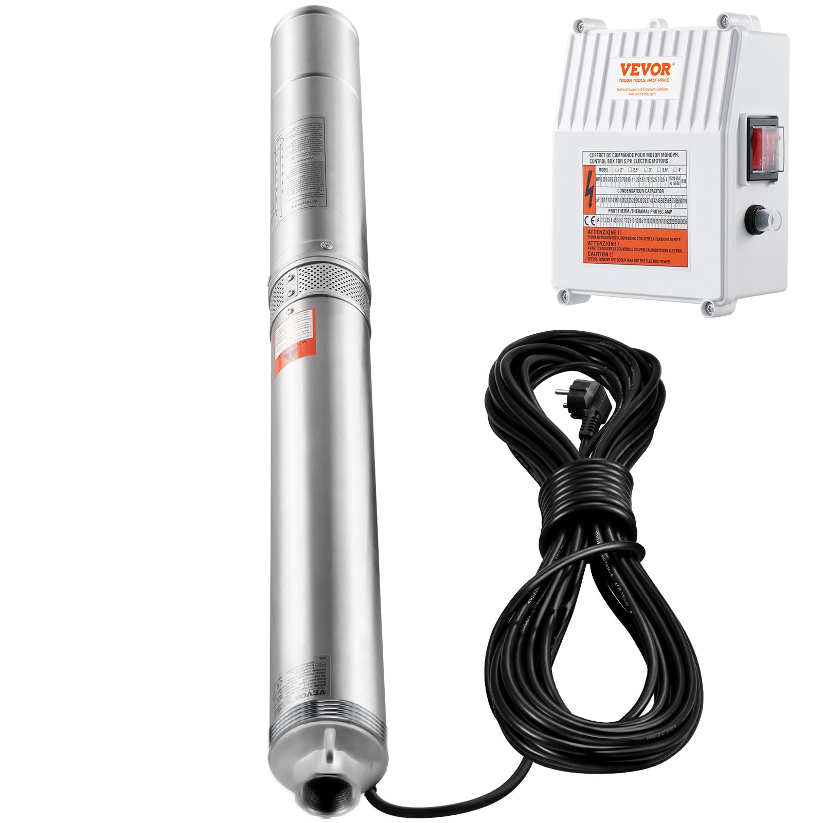 VEVOR Pompa Sommergibile per Pozzi Profondi, IP68 1500 W 230 V 60 Hz, Massima Portata 9,8 m³/h Prevalenza 108 m, Cavo 19,4 m Scatola Controllo, Acciaio Inox per Irrigazione Industriale Uso Domestico