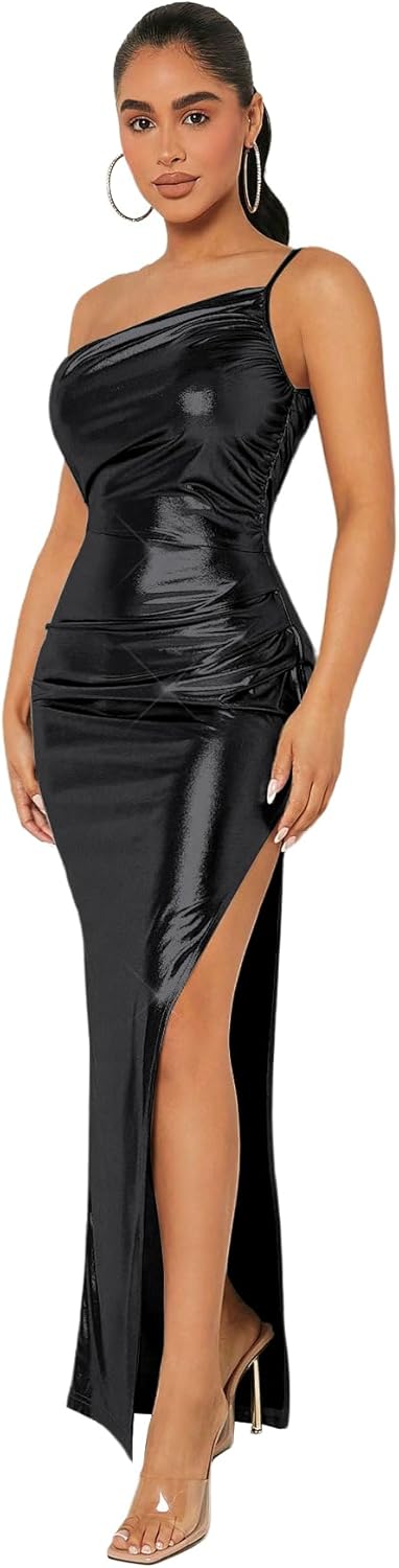 Floerns Women's One Shoulder Sleeveless Ruched Slit Hem Metallic Bodycon Long Dress