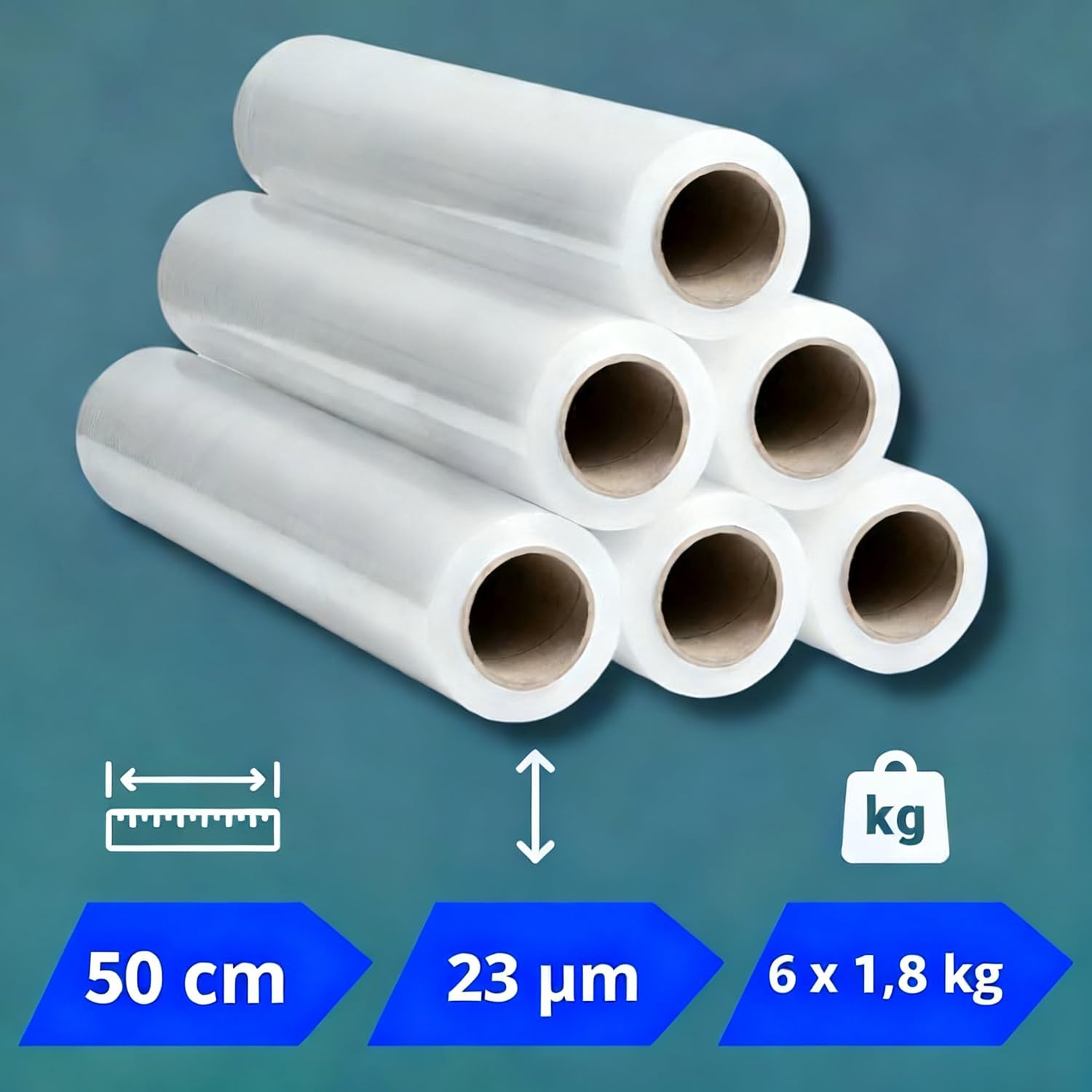 Pellicola trasparente per imballaggio 23 micron 50cm 250m 6 rotoli Made in UE