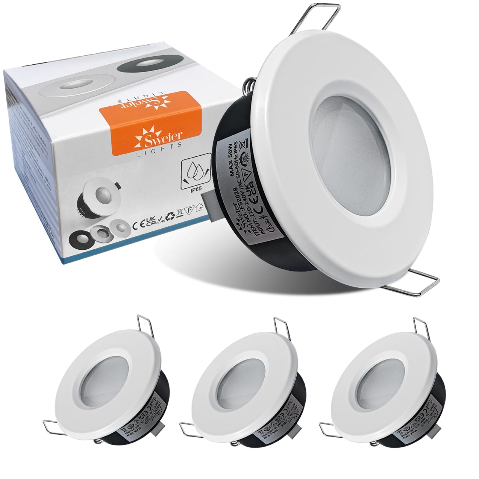 Spot Encastrés IP65 Étanches, Plafonnier pour Salle de Bain et Cuisine, Luminaire LED GU10, en Aluminium Coulé, Ø 68mm, Finition Blanc Mat (Ampoules Non Incluses) - Lot de 4