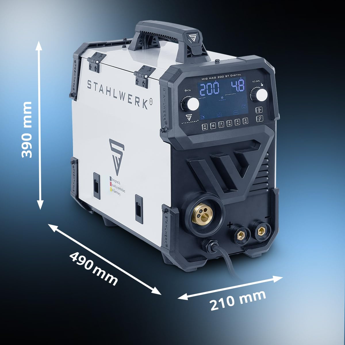 STAHLWERK Schutzgasschweißgerät MIG/MAG 200 ST Digital – Vollausstattung – Inverter mit 200A, MMA (E-Hand/ARC) FLUX (Fülldraht), Schweißen ohne Gas möglich, Spot-Funktion, synergischer Drahtvorschub