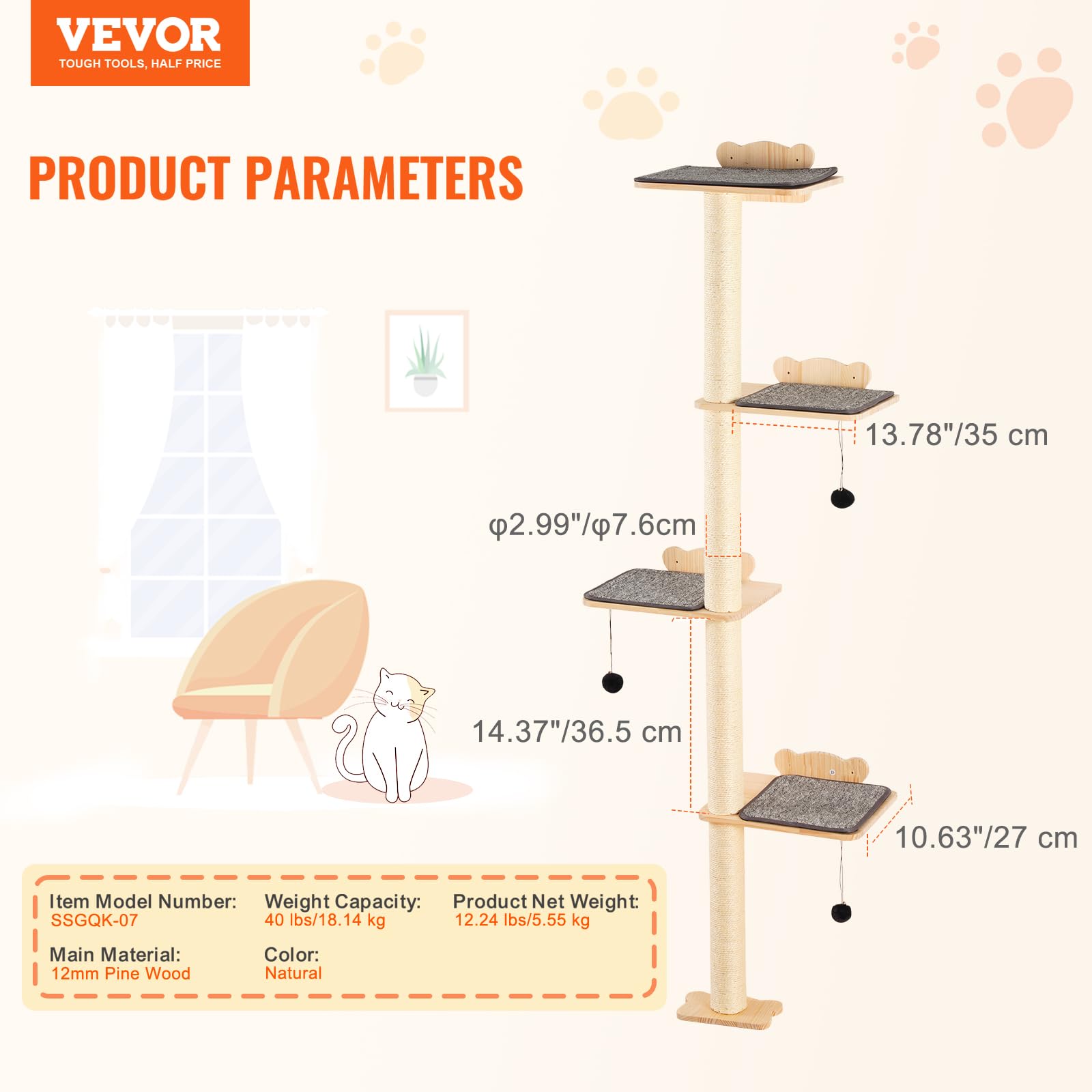 VEVOR Albero per Gatti a 4 Livelli, Set di Mobili da Parete per Gatti 35 x 27 cm con 4 Assi per Saltare, Trespolo per Gatti in Legno di Pino 12 mm Fino a 18,14 kg per Dormire, Giocare, Arrampicarsi