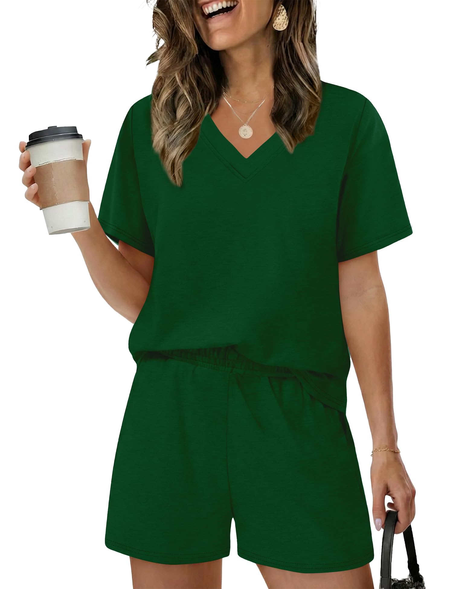 Rapbin Schlafanzug Damen Kurz Pyjama Set Kurzarm Nachtwäsche Loungewear für Frauen Schlafen V Ausschnitt Oberteil und Schlafanzughose Zweiteiliger Hausanzug Casual Elastischer Bund Sleepwear