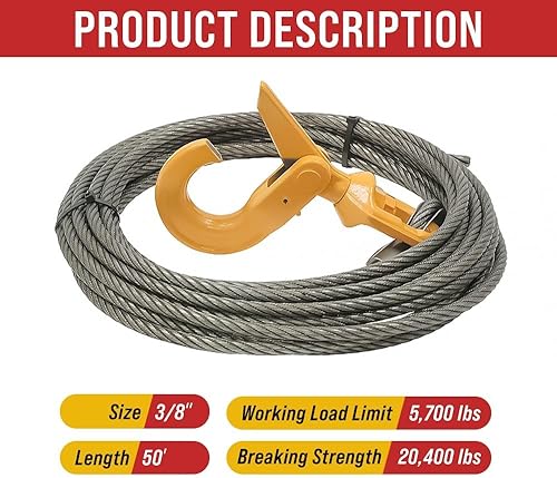 Miniatura 2 de Mytee Products Cable de cabrestante estampado de 38 pulgadas x 50 pies con gancho giratorio autobloqueante  20,400 libras de la máxima resistencia a