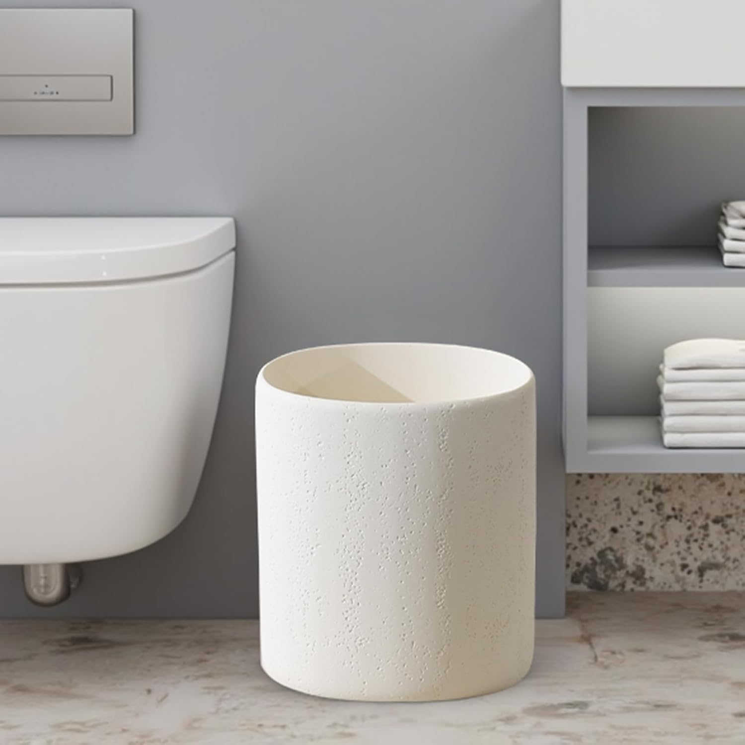 Bathroom Trash Can, 1.6 Gallon Small Trash Can Cabinet, Simple Stone Look Oval Office Garbage Bin, Decorative Waste Basket for Bedroom, Living Room, Kitchen (Off White)
