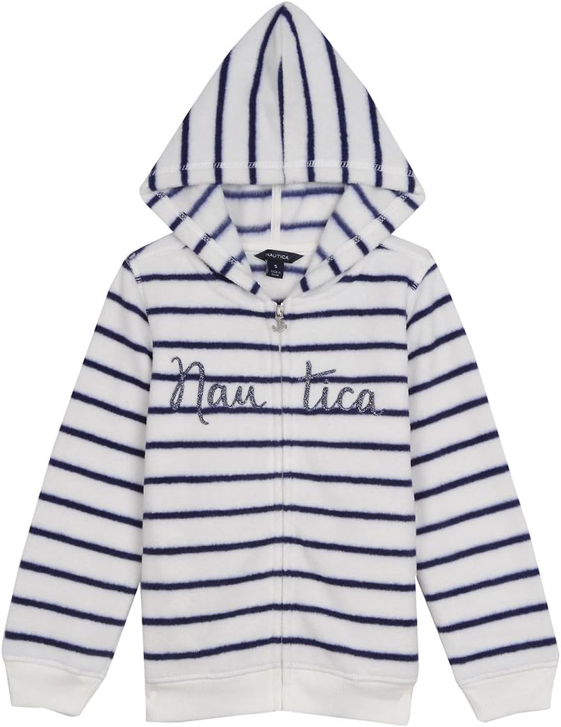 Nautica Little Girls Cozy Nautex Polar Fleece Hoody with Printed Stripe, Cream, 5
