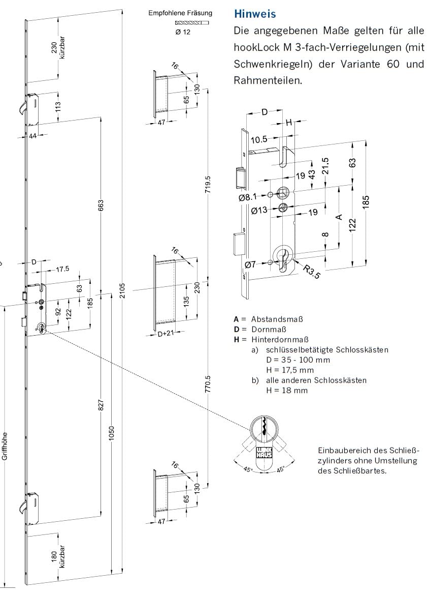 Winkhaus Mehrfachverriegelung T-F2060 92/10 Dorn 65 mm, DIN links, M2 mit 2 Schwenkriegeln, 20 mm Flachstulp MC silber, Maße Bitte mit Zeichnung prüfen !