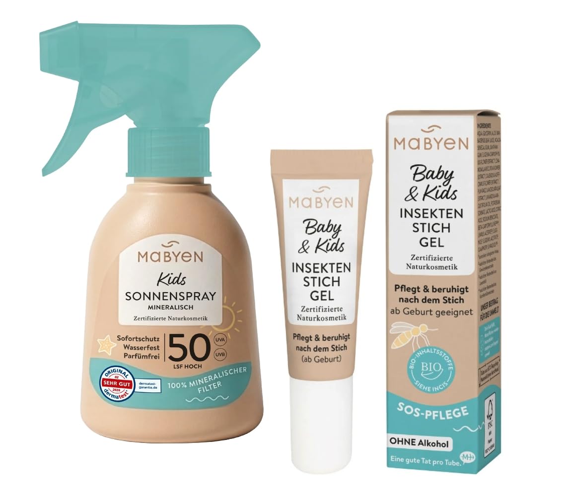 MABYEN Baby & Kids Sommerhelden Set (Spray solare SPF 50 + Gel per punture di insetti) - Protezione solare minerale con ossido di zinco